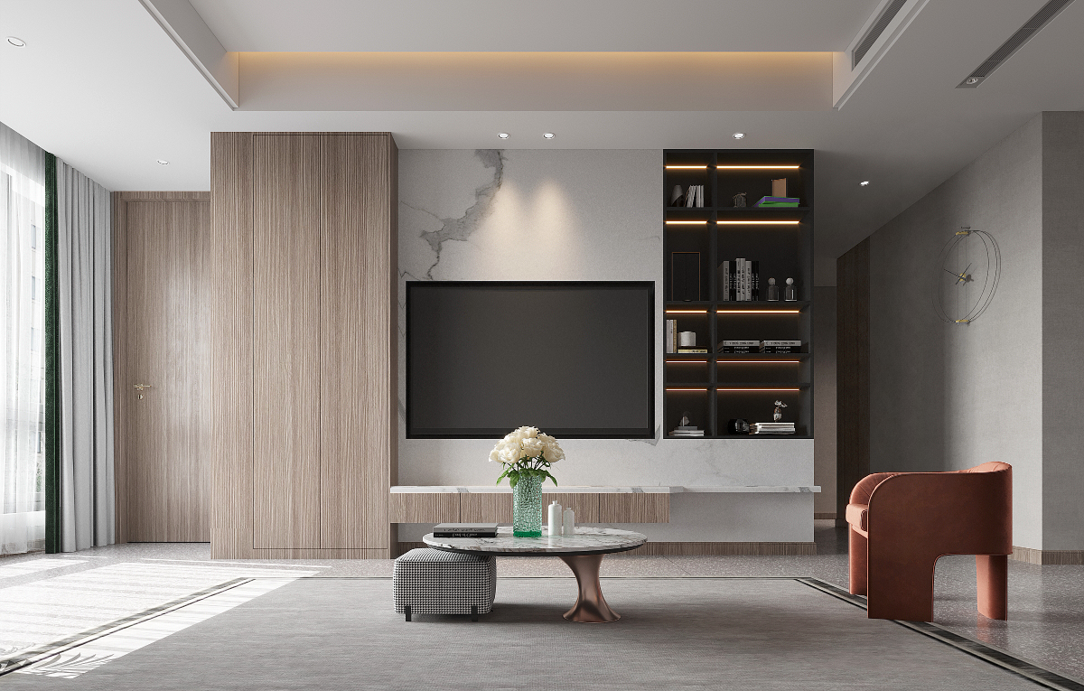 Modern living room with a television, shelves, and a sofa.