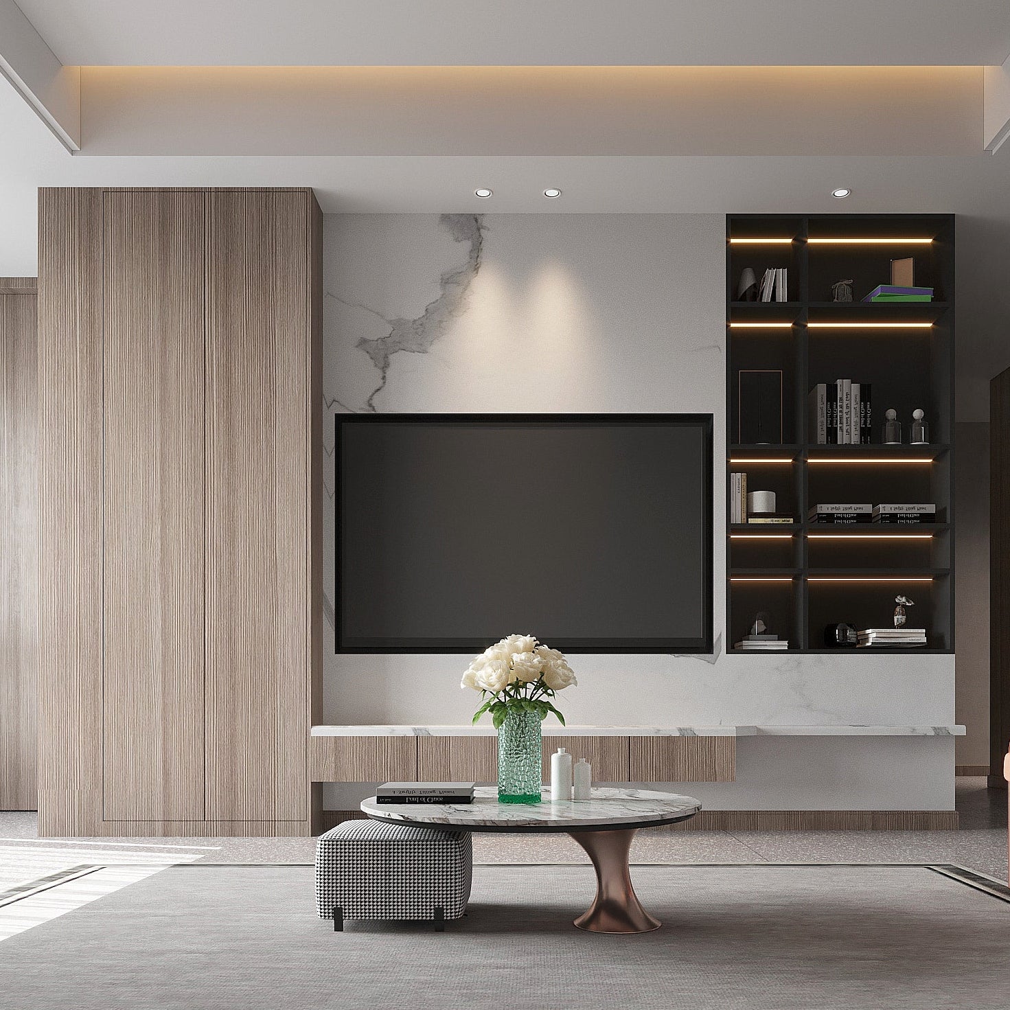 Modern living room with a television, shelves, and a sofa.