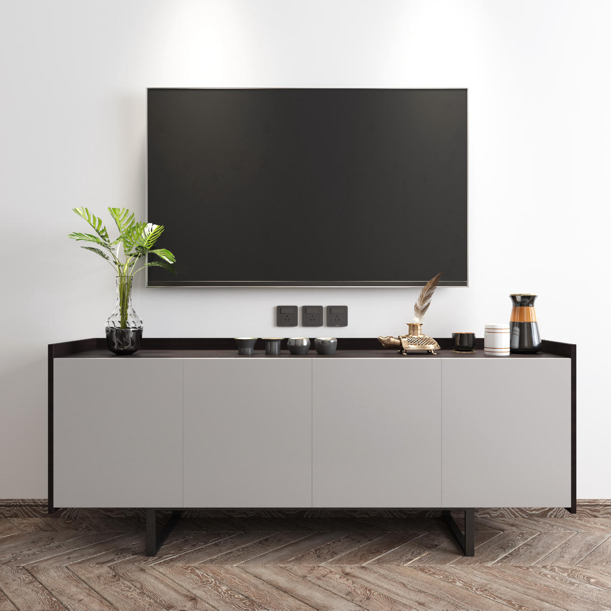 Modern kitchen setup with a TV above a kitchen island.