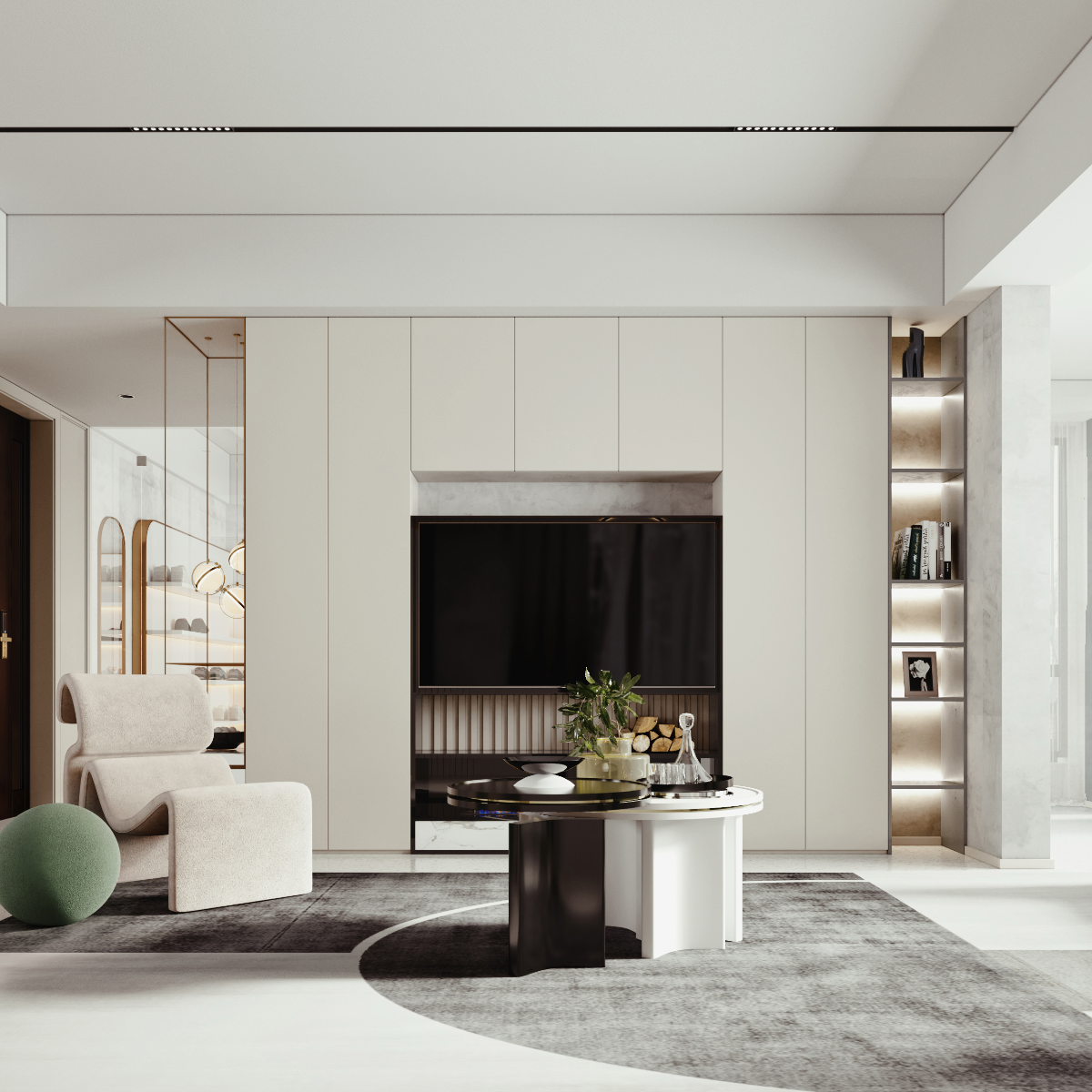 Modern living room with a television, chair, and decorative items.