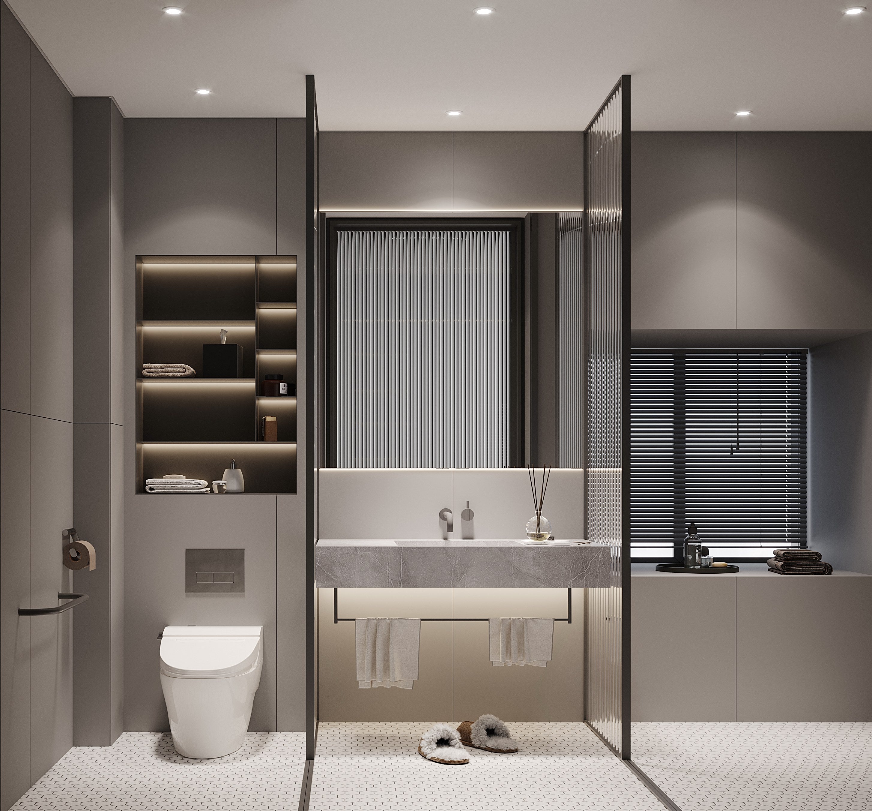 Modern bathroom with a toilet, sink, and shelves.