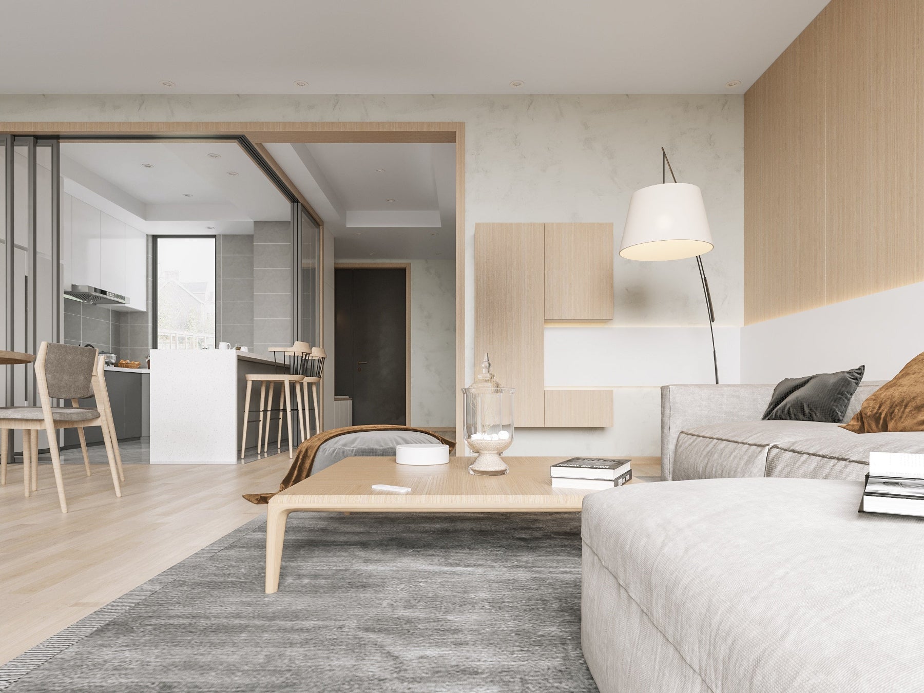 Modern bedroom with a bed, coffee table, and chairs in a well-lit room.