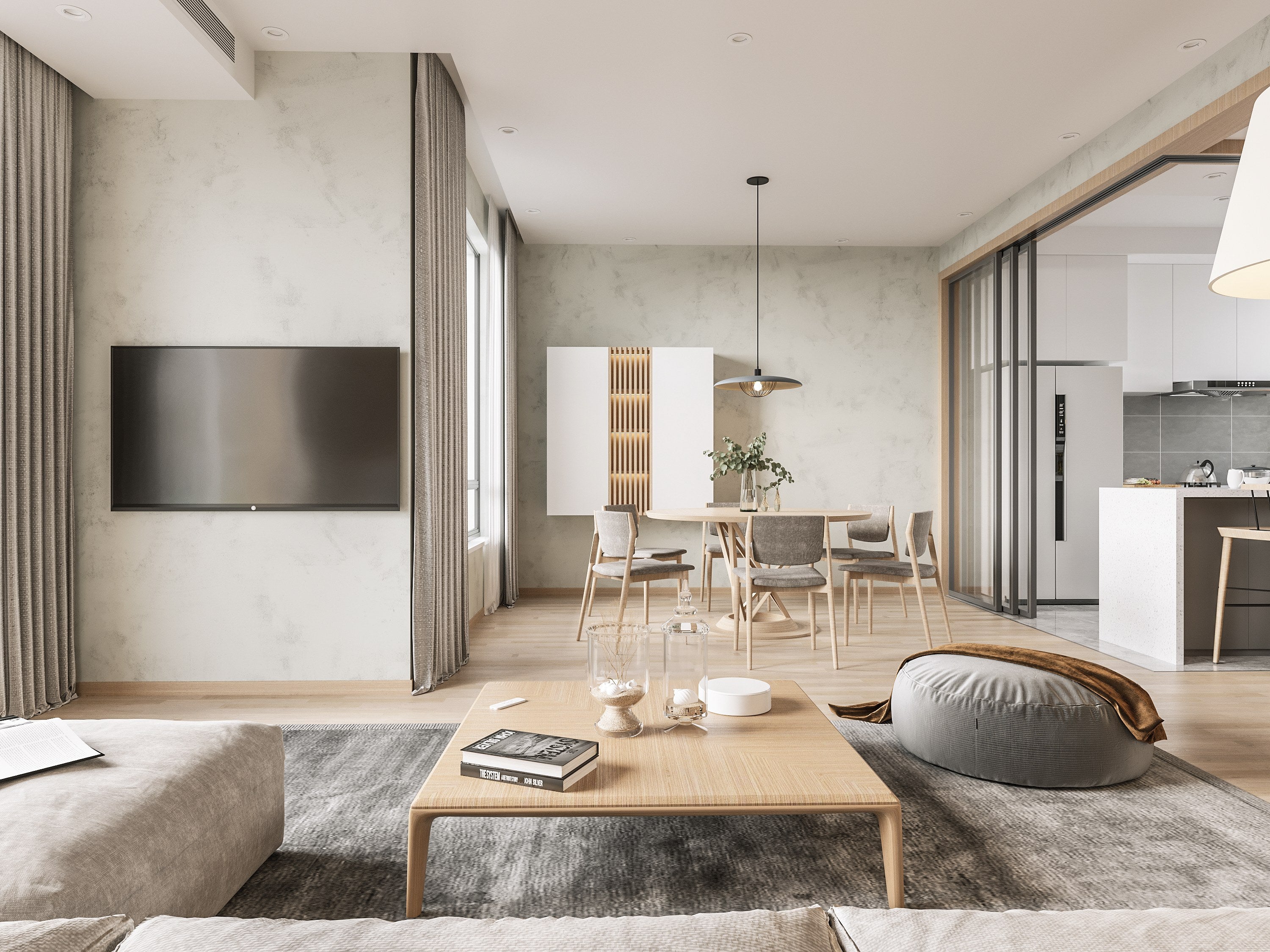 Modern living room with a TV, coffee table, and dining area.