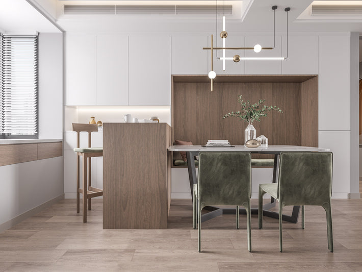 Modern kitchen with wooden island and dining area