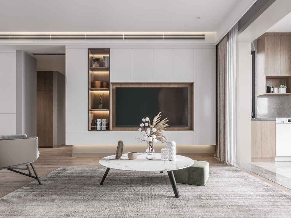 Modern living room with a television, shelves, and a coffee table.