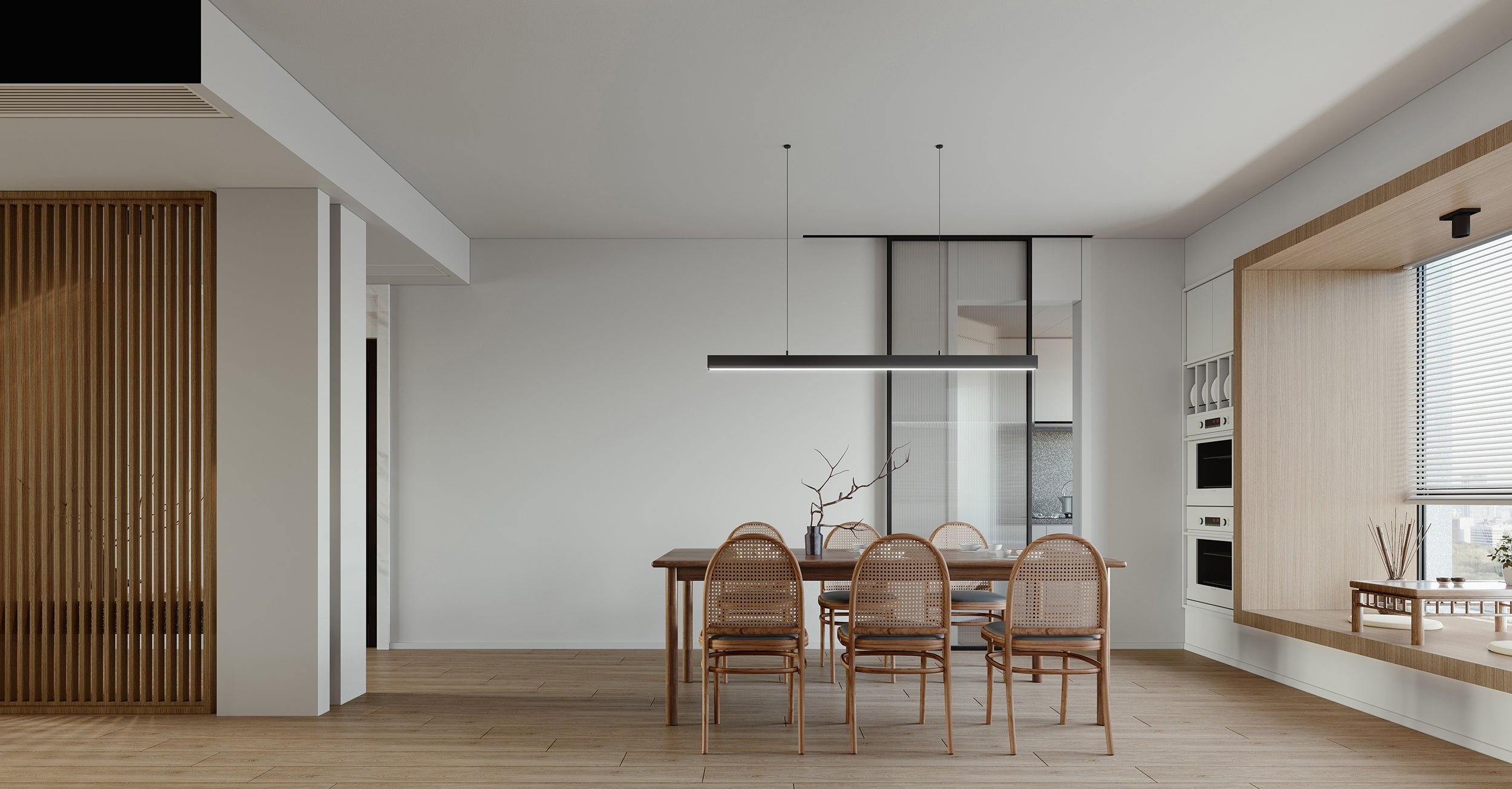 Modern kitchen and dining area with wooden chairs and a large window.