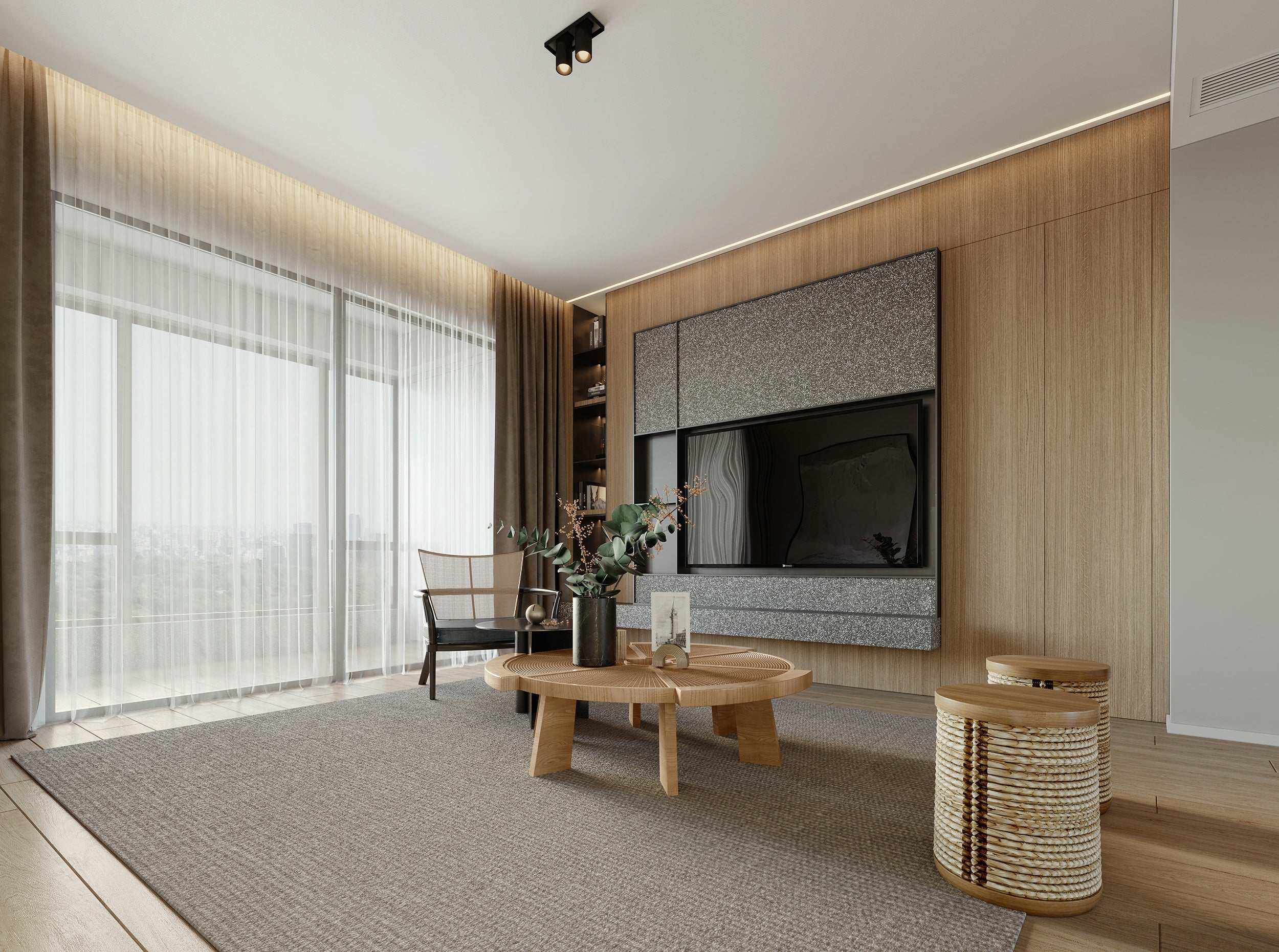 Modern living room with wooden furniture and a television.