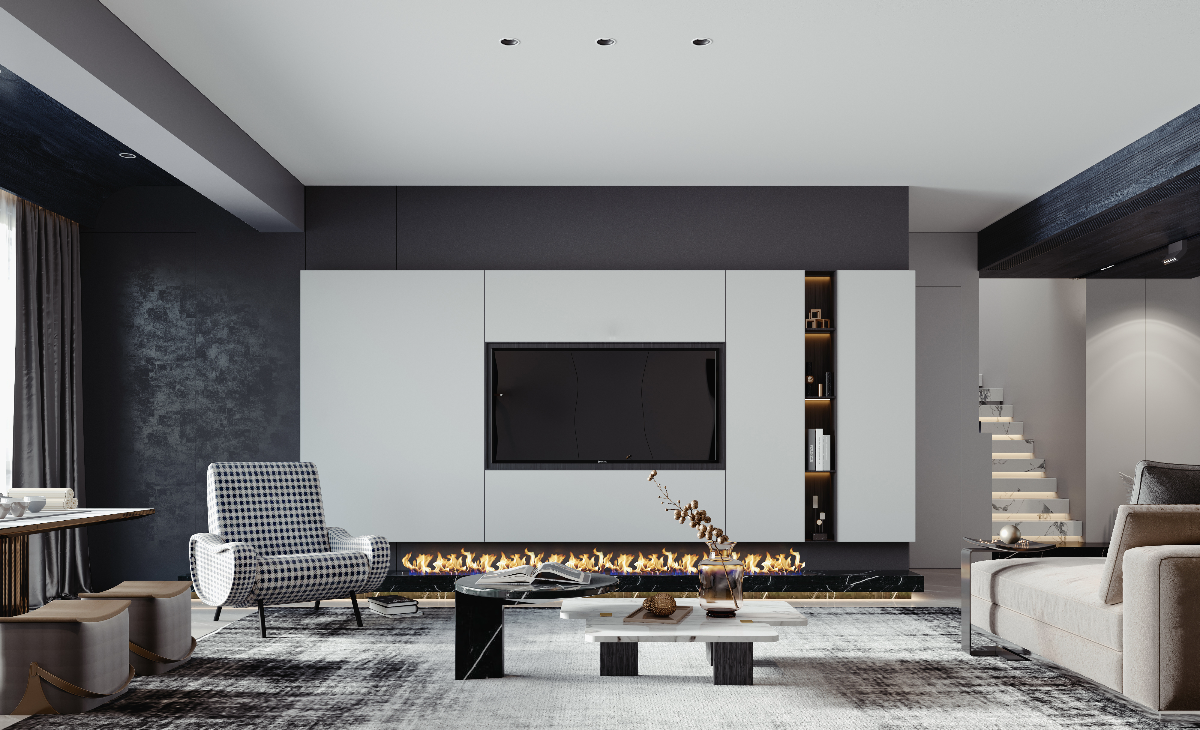 Modern living room with a fireplace, TV, and furniture.