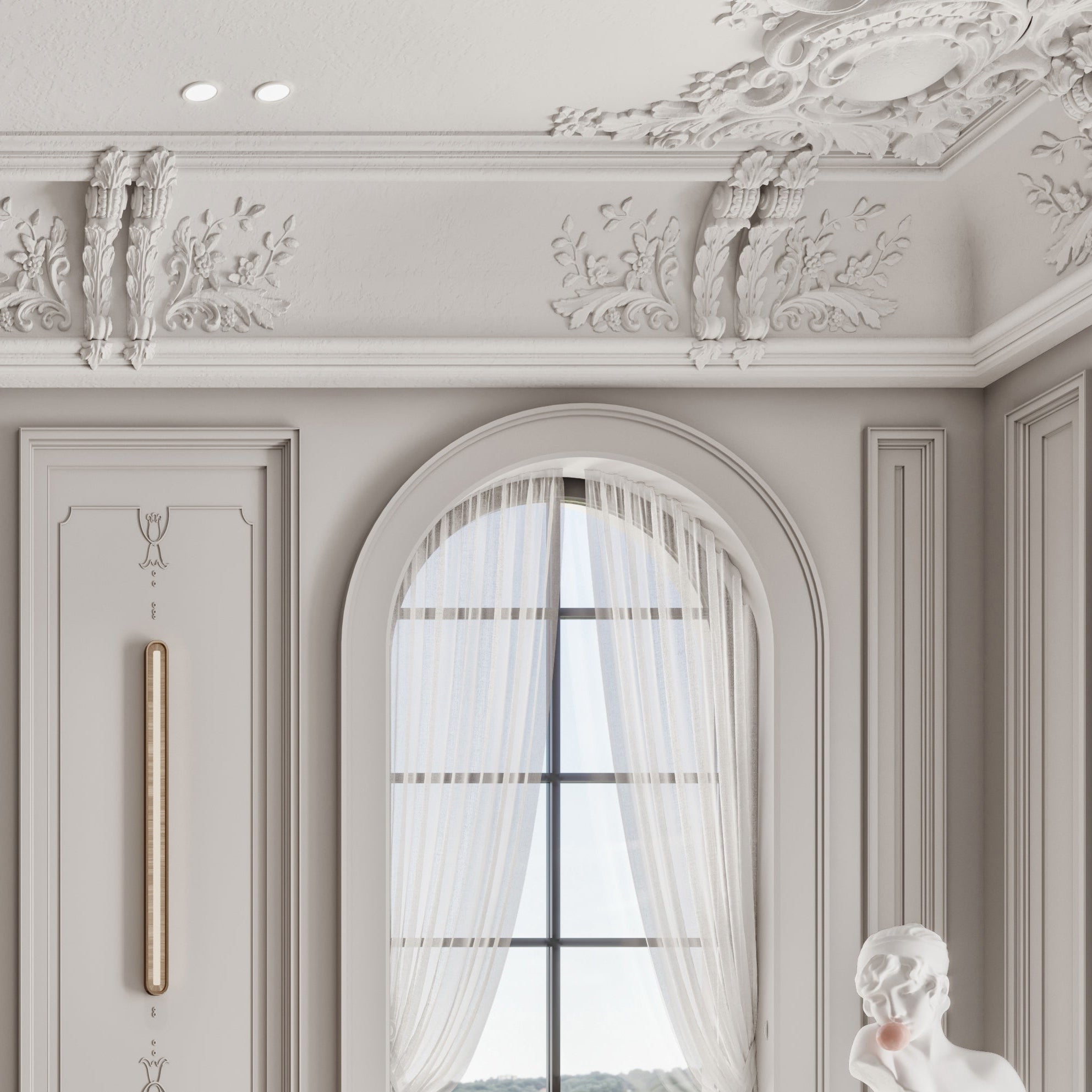 Luxurious interior with ornate ceiling molding and large windows.