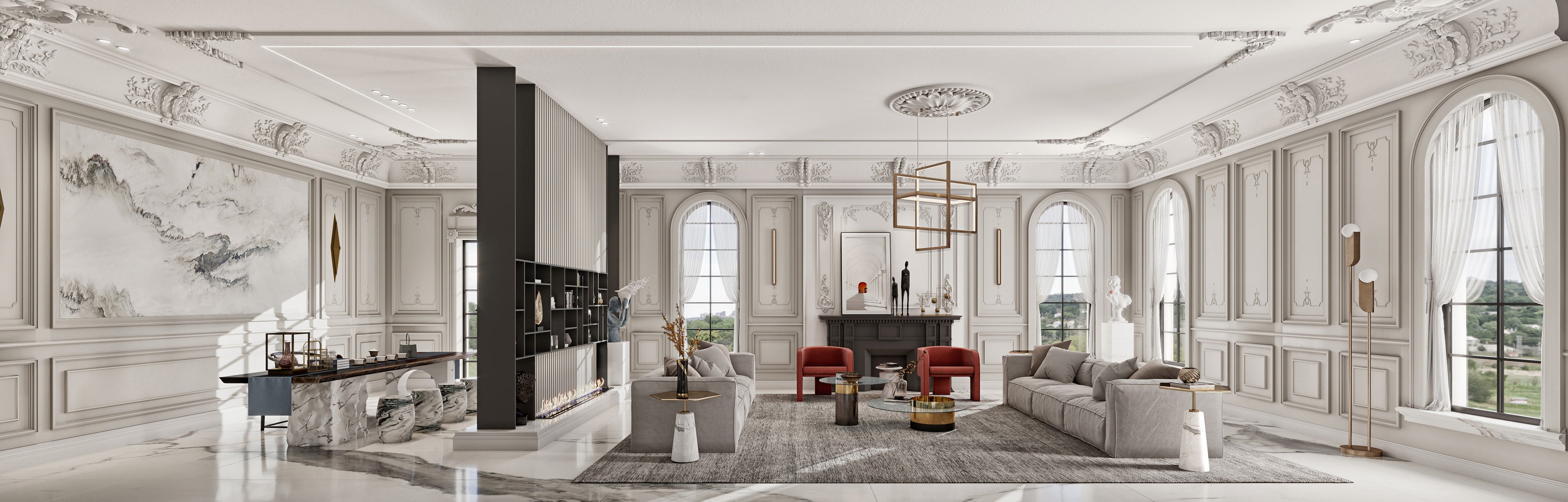 Luxurious living room with marble floors, white walls, and modern furniture.