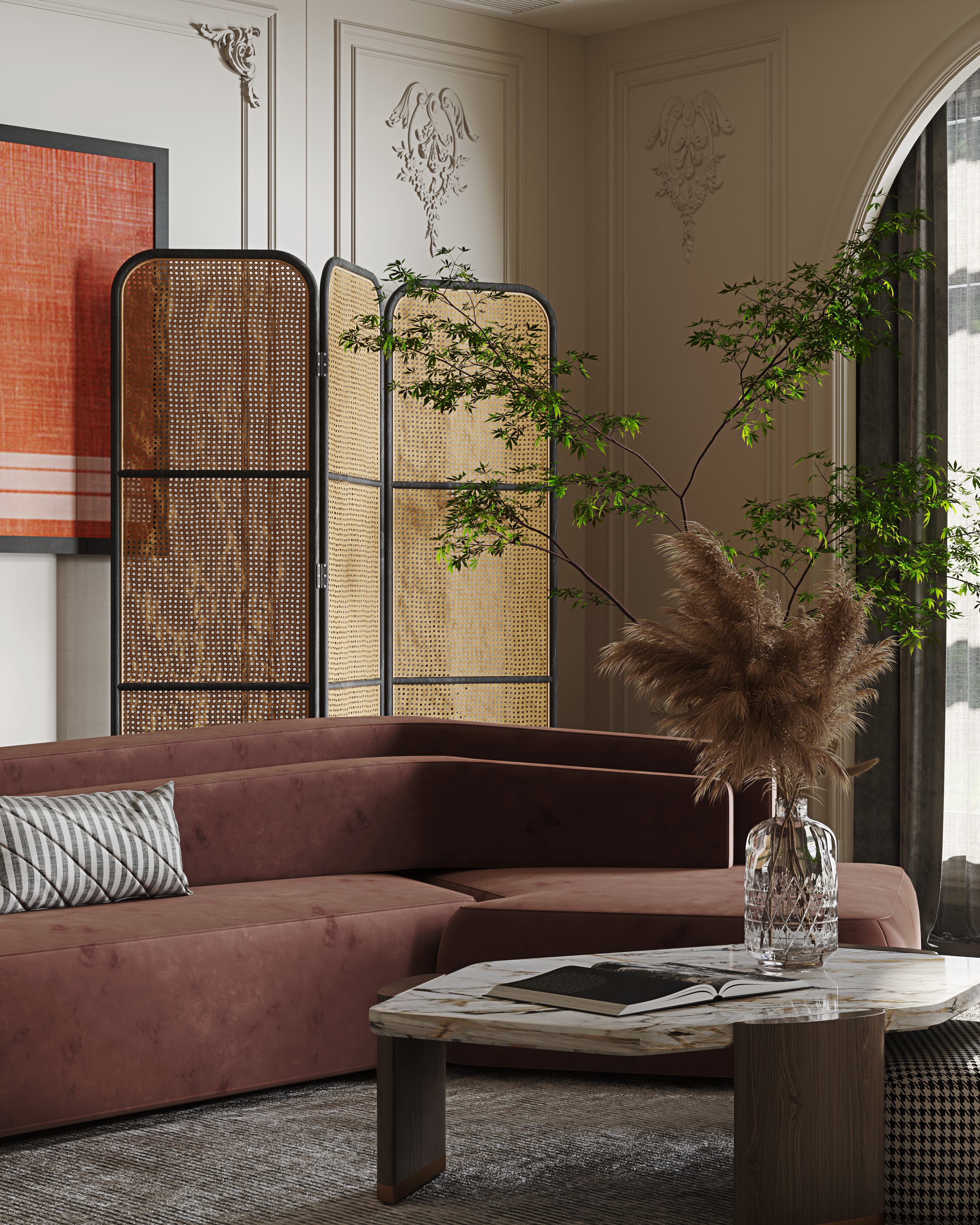 Modern living room with a brown sofa, marble coffee table, and decorative elements.
