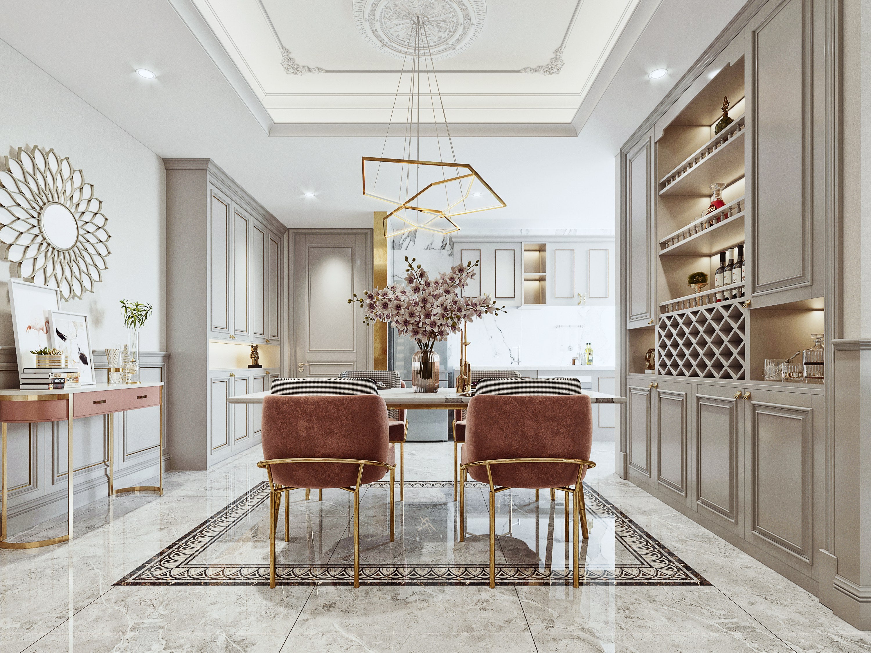 Modern kitchen with dining area featuring marble flooring and elegant decor.
