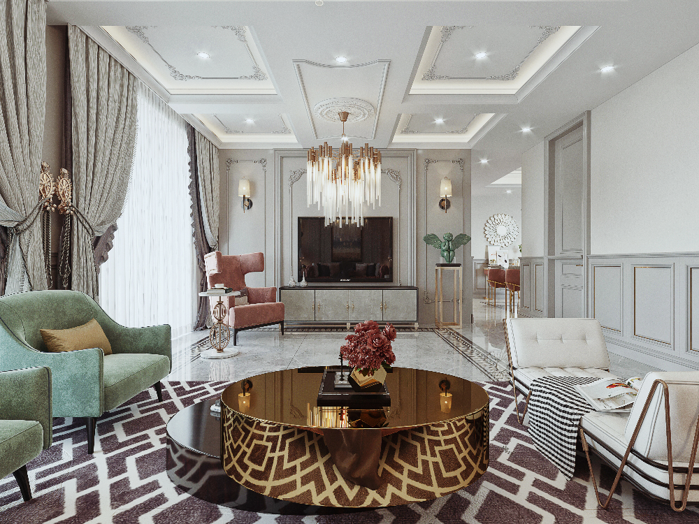 Luxurious living room with modern furniture and decor