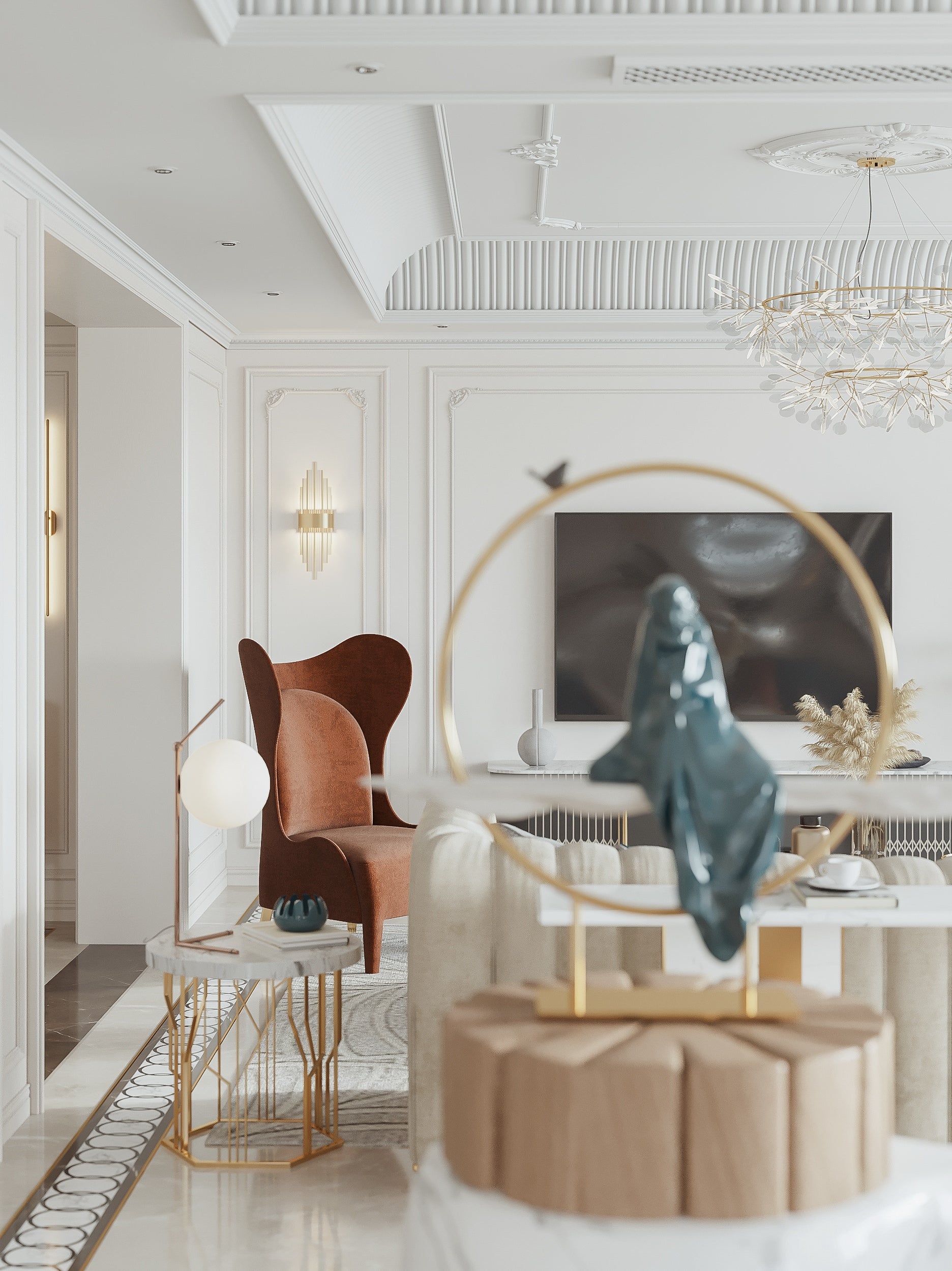 Modern living room with a stylish chair, decorative mirror, and artwork.