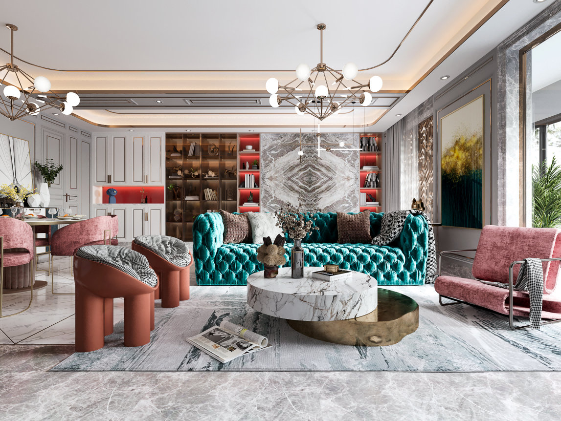 Modern living room with teal sofa, pink chairs, and marble coffee table.