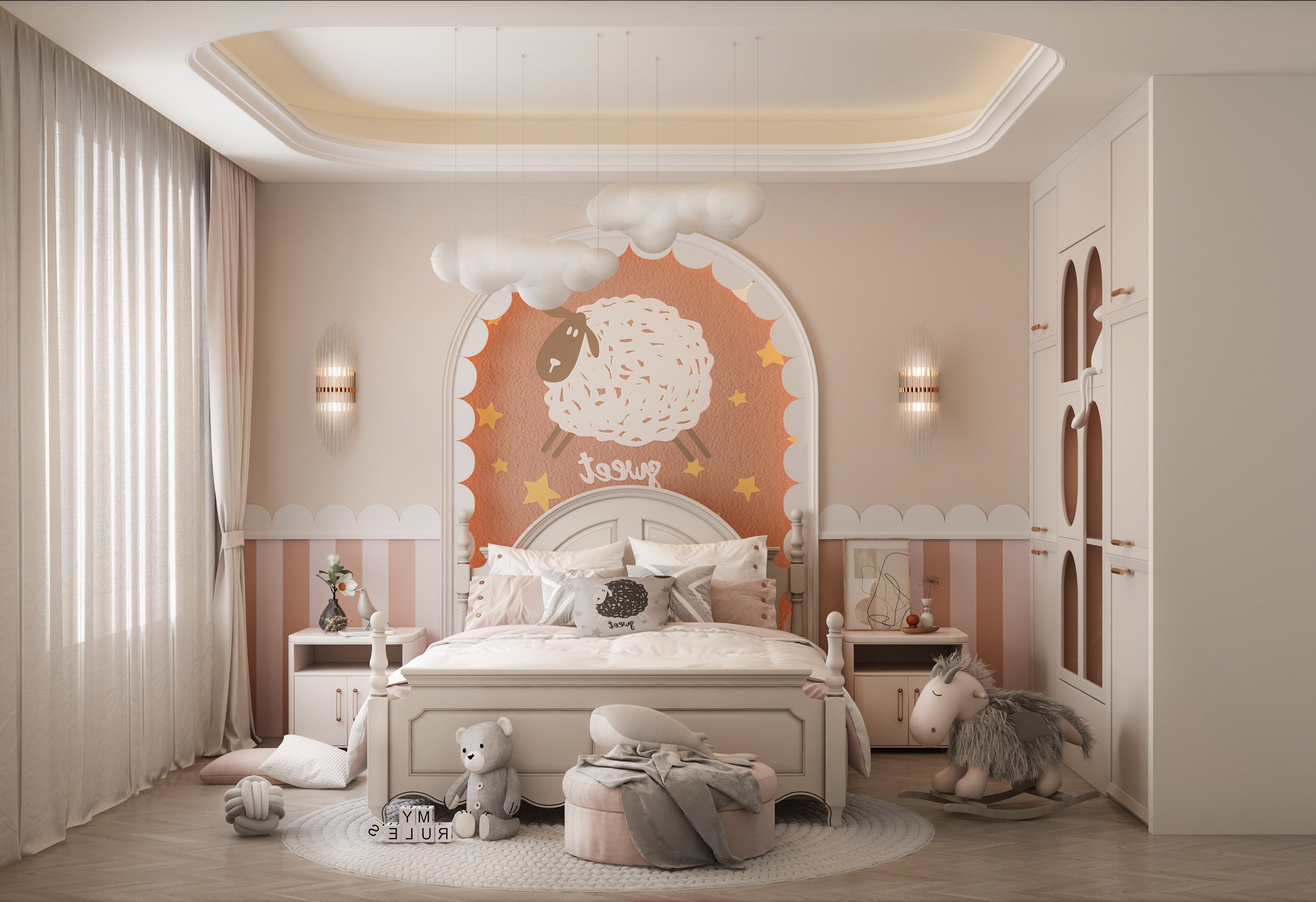 Children's bedroom with decorative wall art and furniture