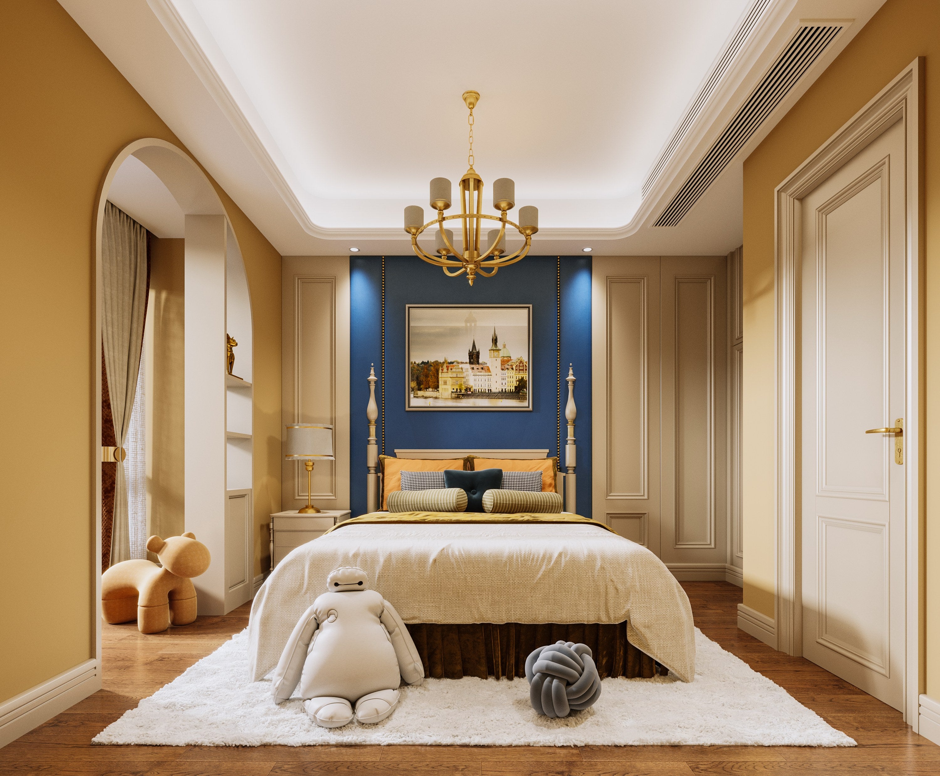 Luxurious bedroom with a chandelier, bed, and decorative items.