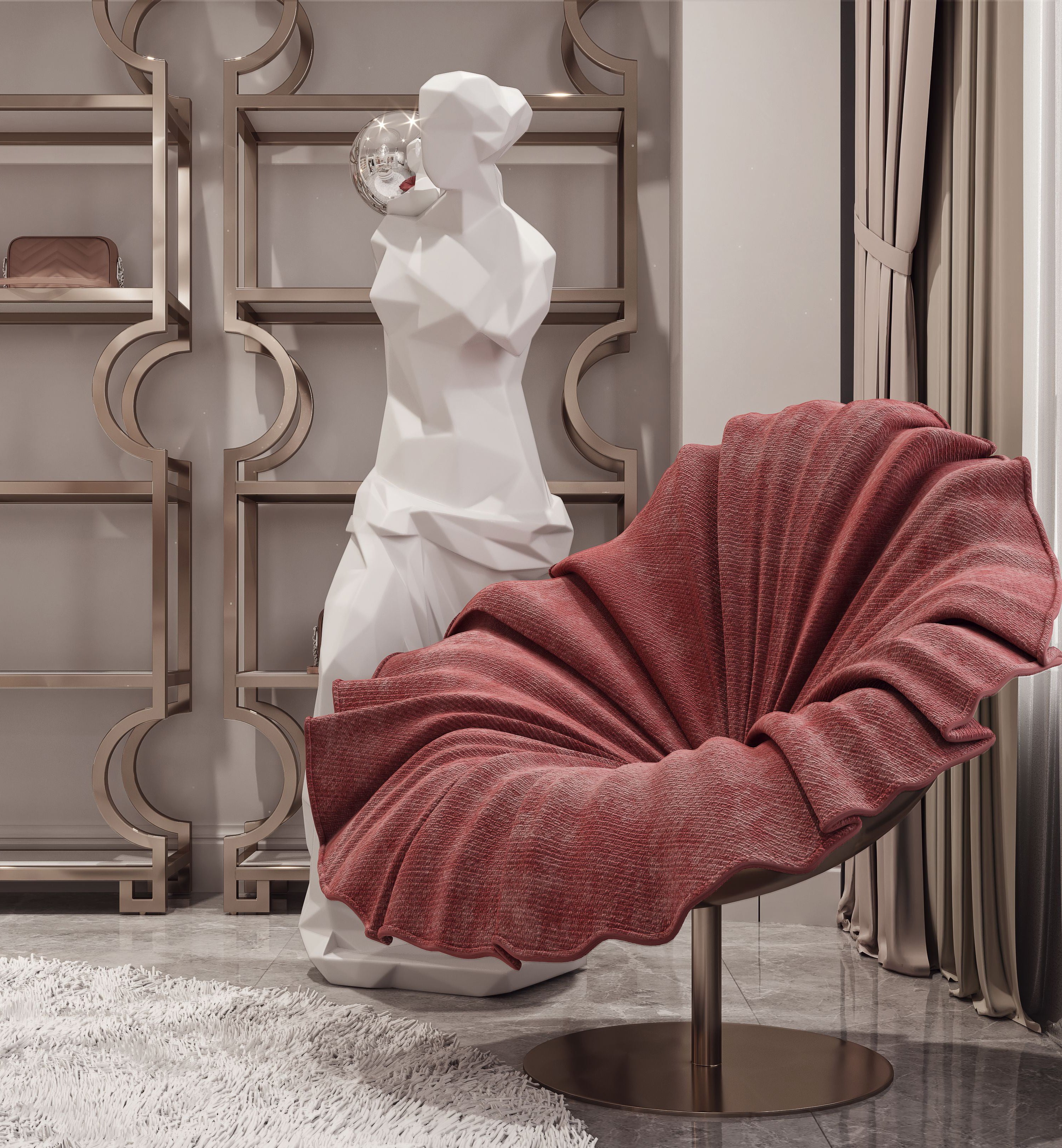 Modern red chair with a marble statue in an elegant interior setting