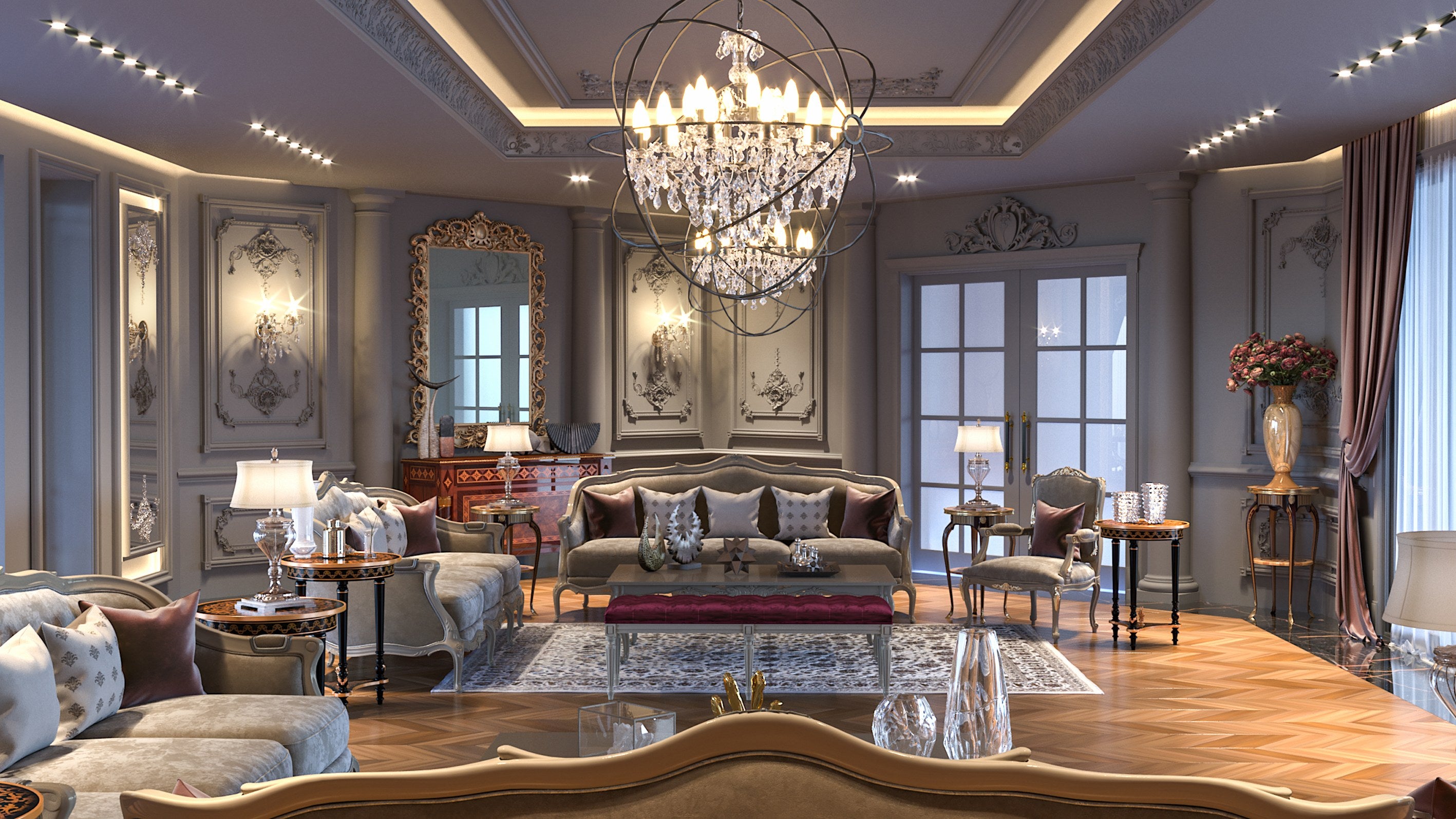 Luxurious living room with elegant decor, chandelier, and furniture.