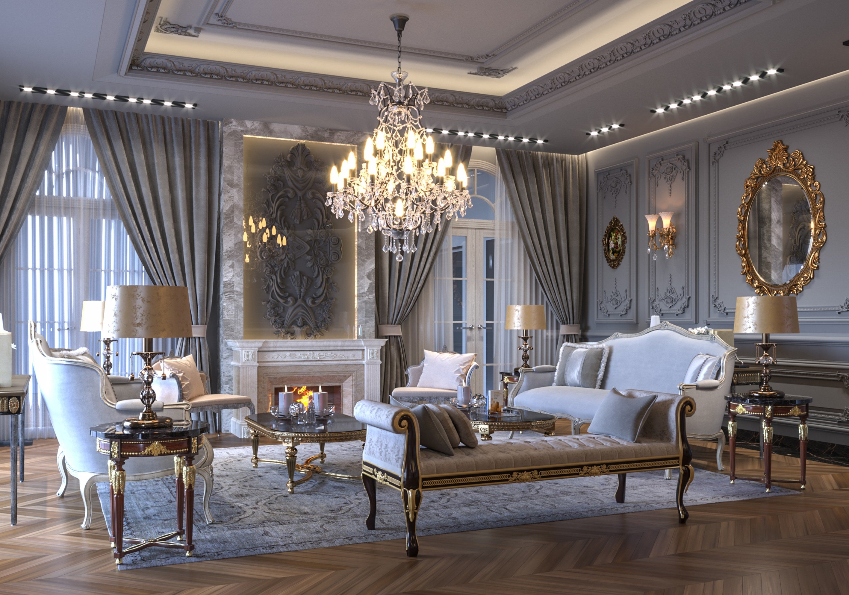 Luxurious living room with elegant furniture and decorative elements.