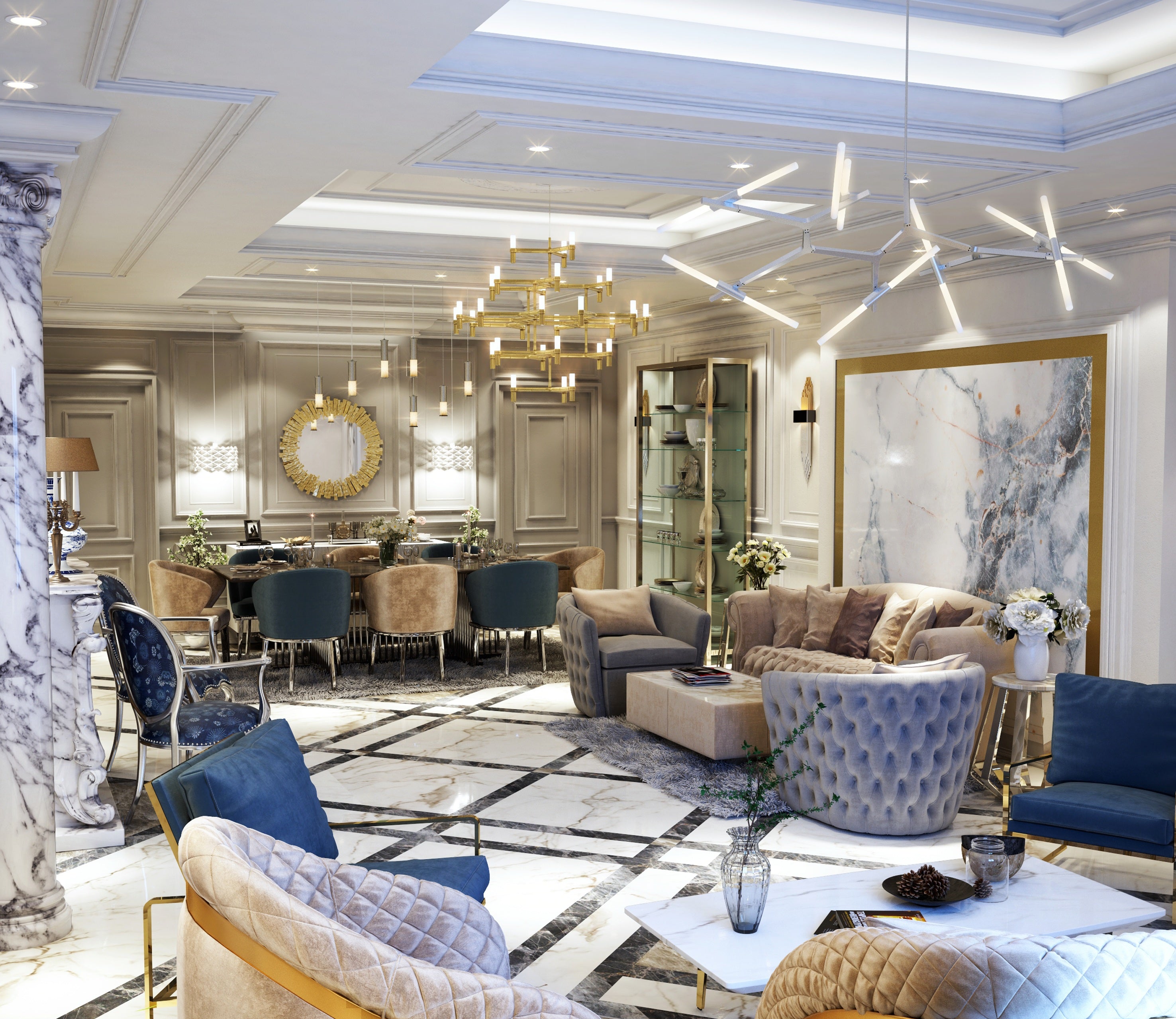 Luxurious living room with modern furniture and decorative elements.