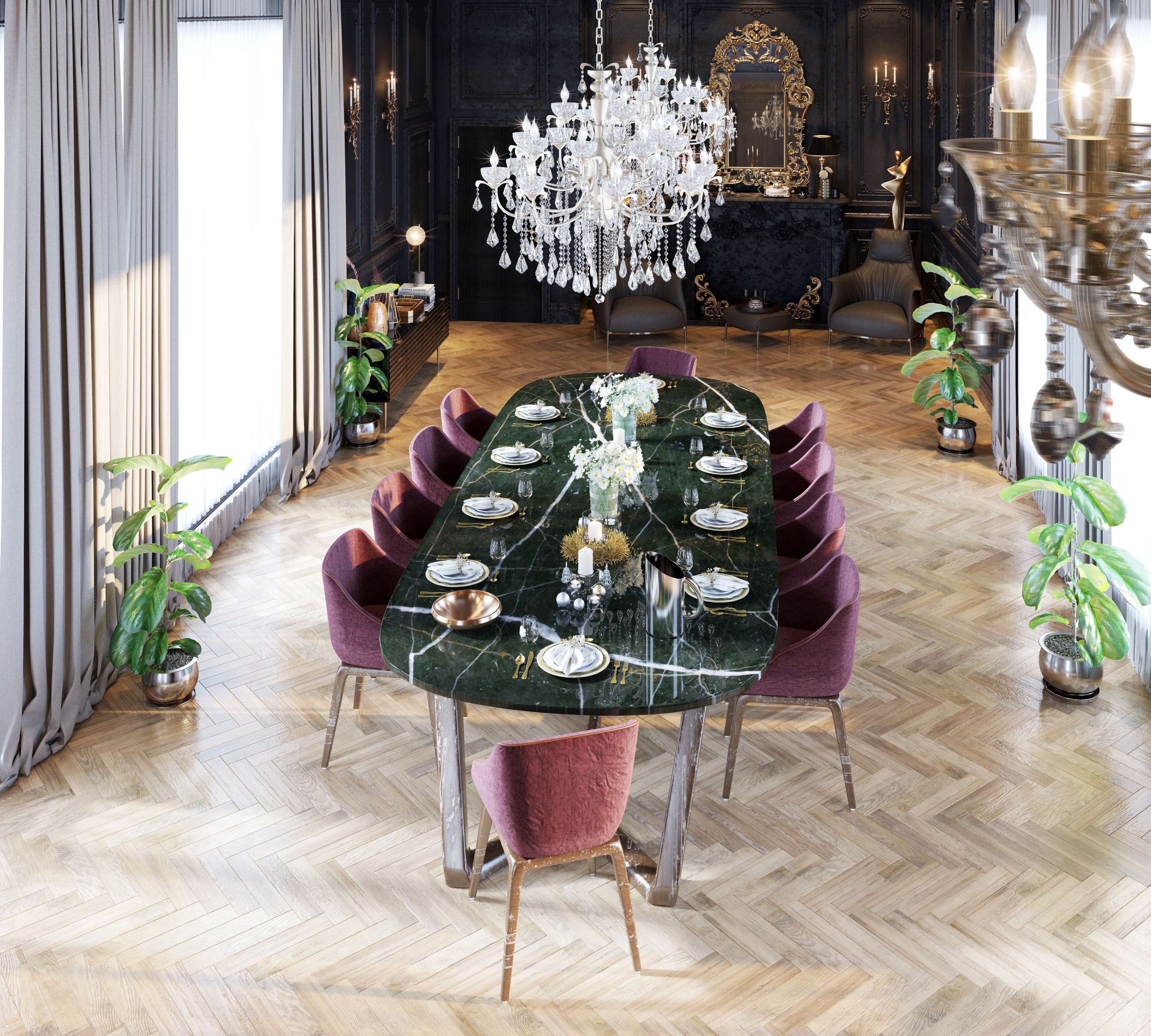 Elegant dining room with a round table and purple chairs, featuring a chandelier and decorative elements.