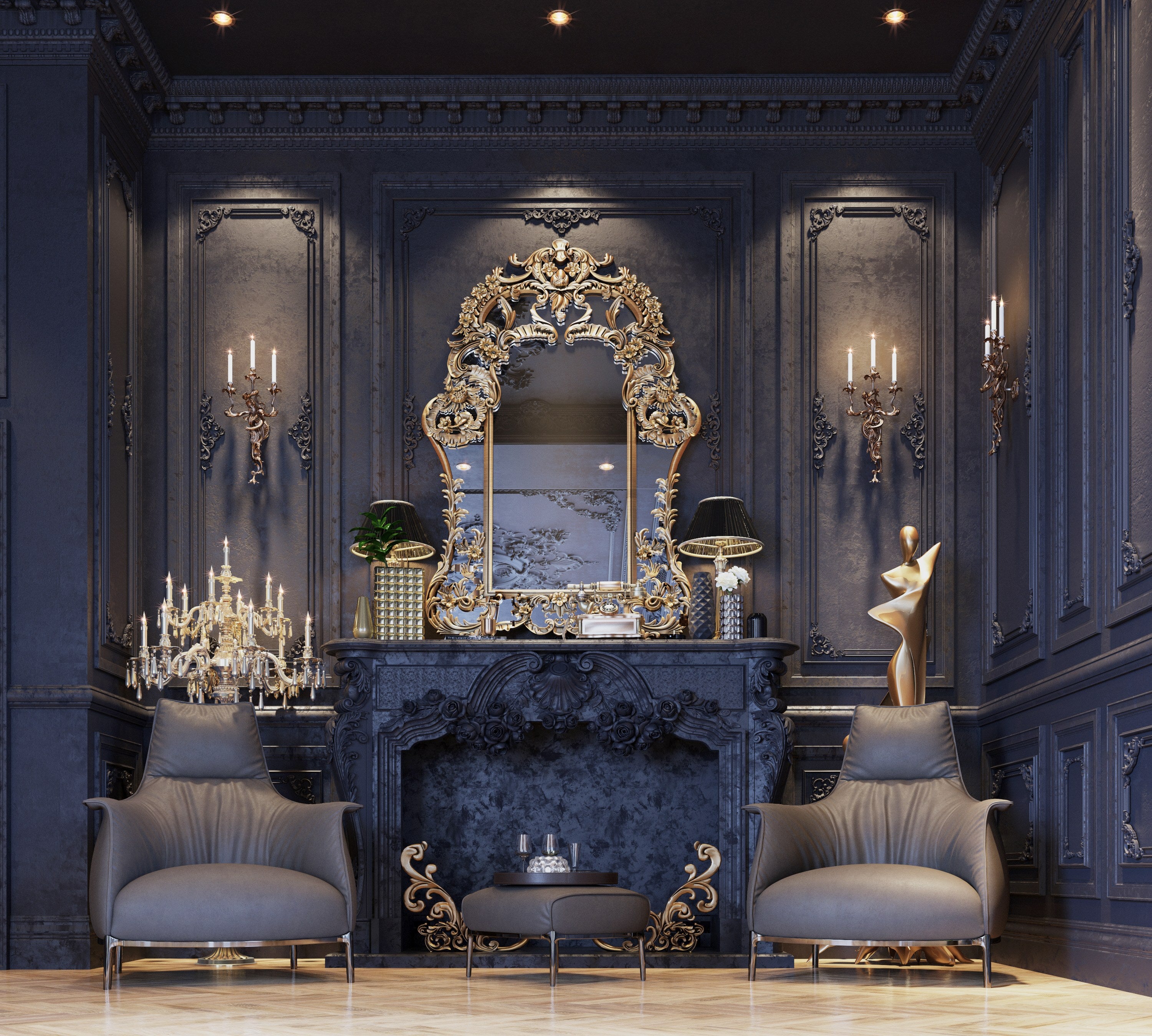 Luxurious room with dark walls, a fireplace, and ornate mirror.