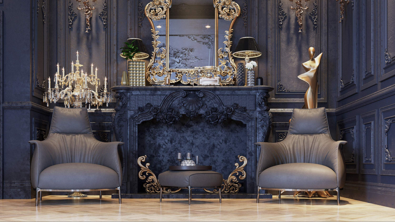 Luxurious room with dark walls, a fireplace, and ornate mirror.