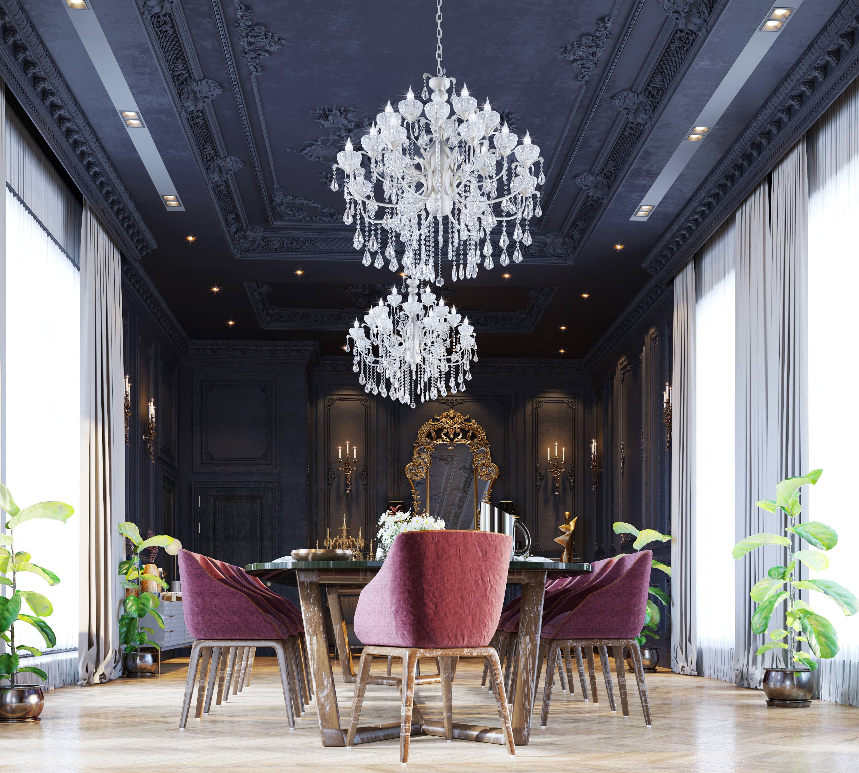Elegant dining room with chandeliers, table, and chairs.