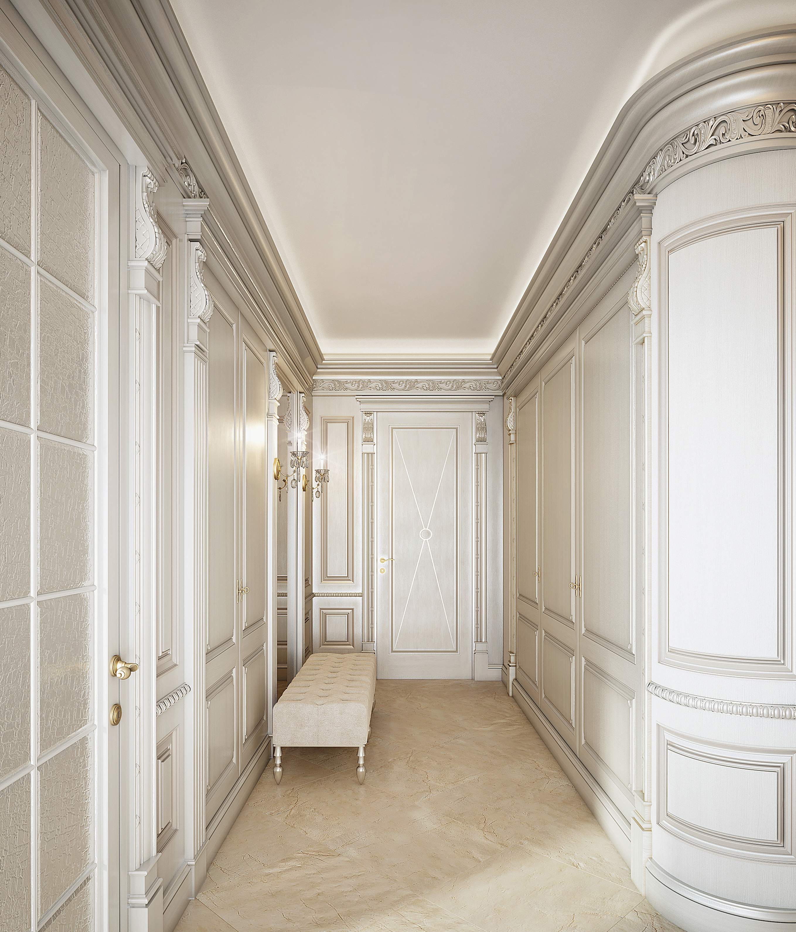 Luxurious hallway with ornate wall paneling and a bench.