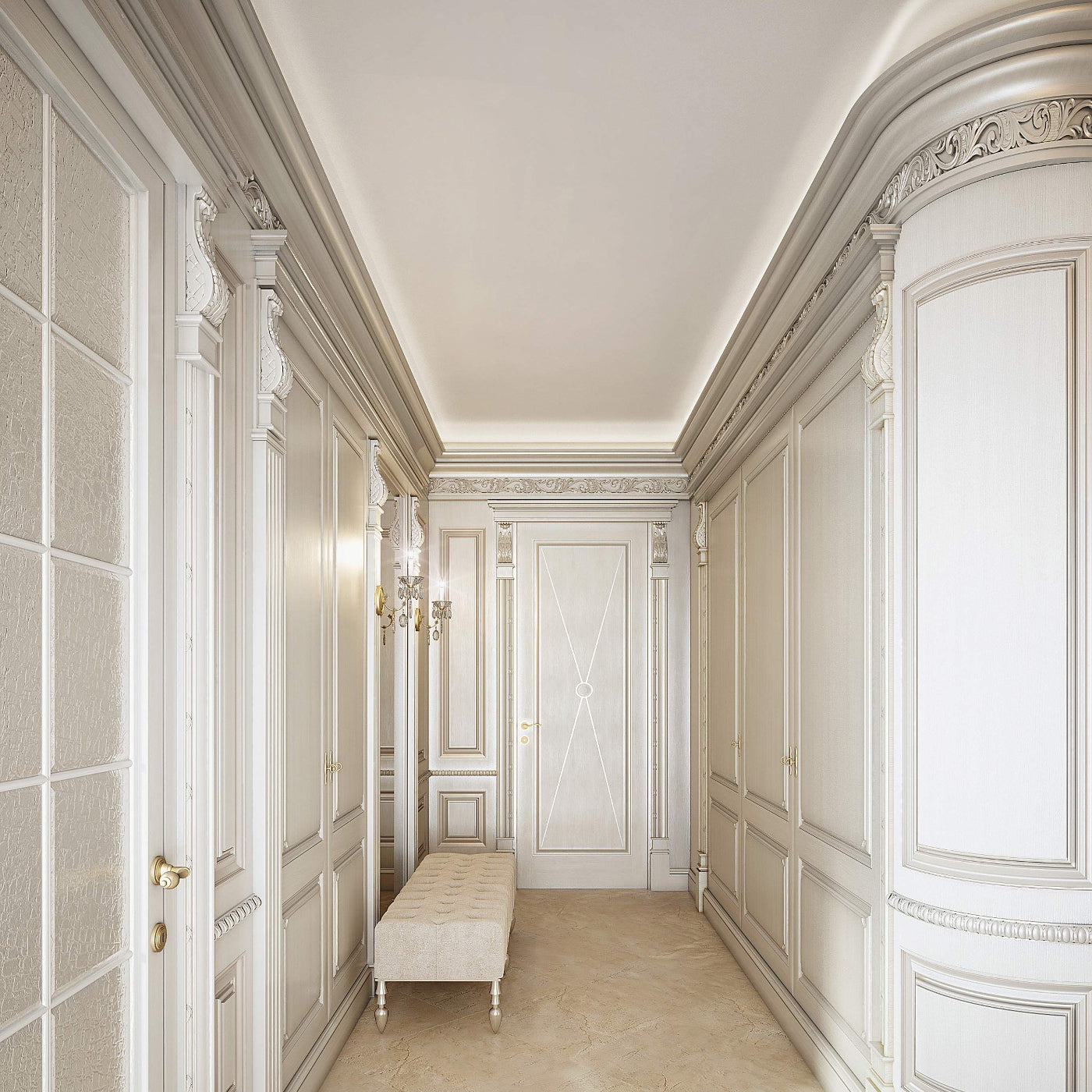 Luxurious hallway with ornate wall paneling and a bench.