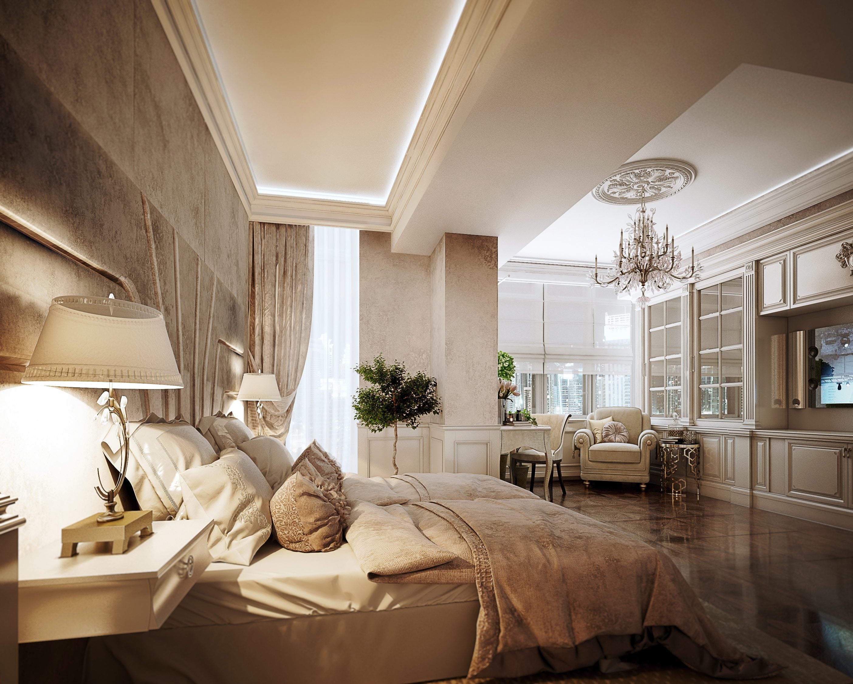 Luxurious bedroom with a large bed, lamp, and modern decor.