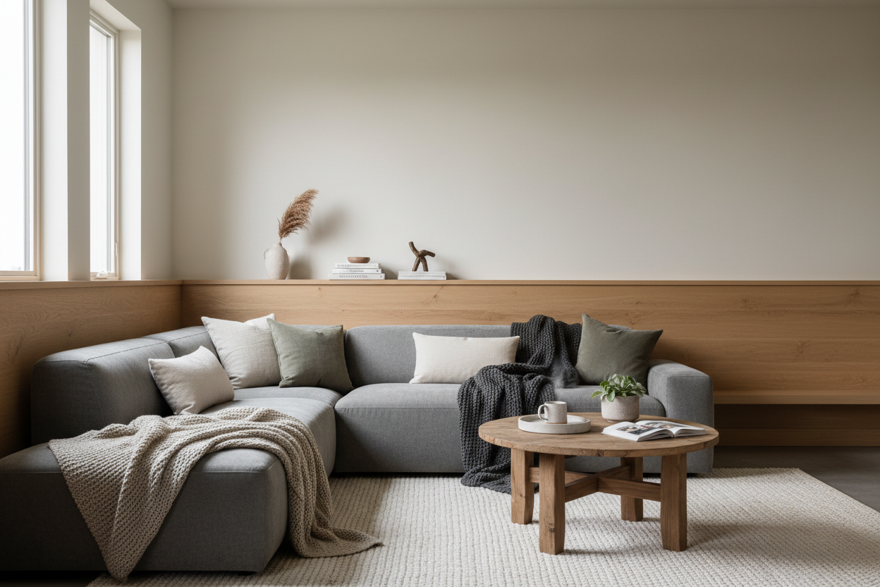 A candid, magazine-worthy shot of a residential living room. Warm, off-white walls provide a clean canvas. A continuous light oak mid-wall trim serves as both a decorative element and a subtle shelf for minimalist objects. A deep, comfortable sofa is positioned below it. Large windows on one side flood the space with soft, natural light, making the wood grain of the trim glow. The overall feel is curated, cozy, and effortlessly chic.
