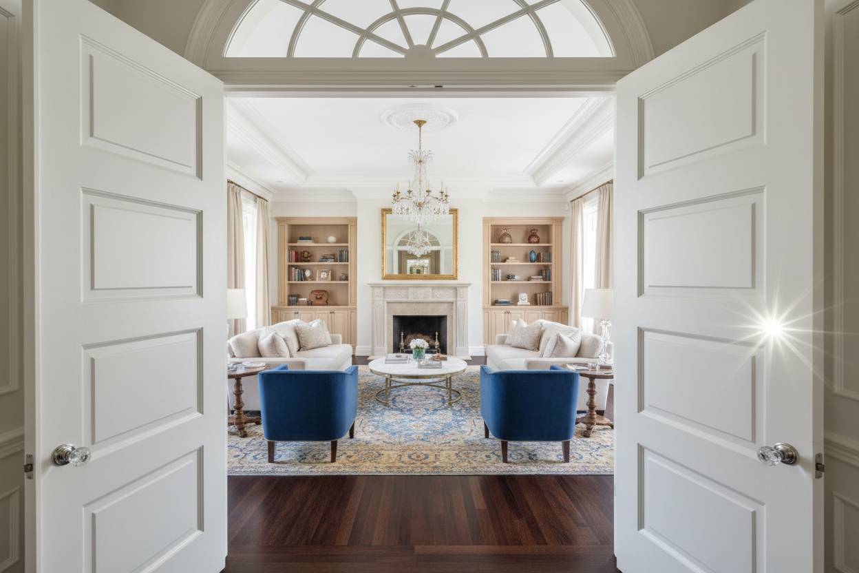 A formal living room in a grand villa, seen from the hallway through a set of open, white double doors. The doors feature elegant, shaker-style panels and are topped with a transom window that allows light to flow. The crystal knob handles catch the light. The view frames a sophisticated interior with high ceilings and tailored furniture. A sense of arrival and scale.