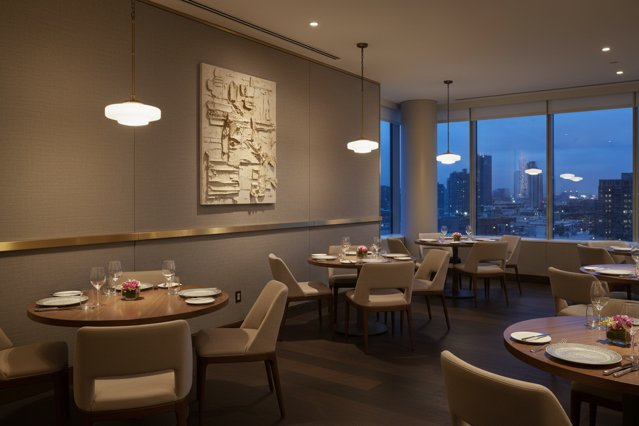 A hyperrealistic photograph of a fine dining restaurant at dusk. Walls are clad in warm, gray-beige fabric panels. A continuous, slim brushed brass chair rail runs at waist height, its metallic sheen softly reflecting the light from minimalist pendant lamps. A single, textural art piece hangs on the wall. The dark oak floor grounds the space. The atmosphere is intimate, luxurious, and profoundly serene.