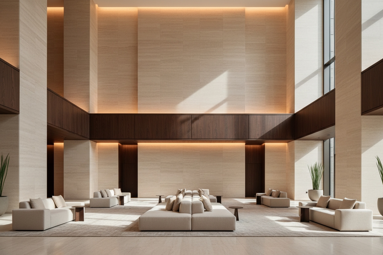 A wide-angle shot of a five-star hotel lobby, minimalist luxury style. Soaring walls are finished in smooth, light travertine. A monumental, dark stained oak mid-wall trim projects boldly, defining the human scale within the vast space. Low, modular sofas in cream-colored wool are arranged beneath it. Warm, indirect lighting from coves washes over the stone, highlighting the wood's deep tone and sharp profile. The mood is grand, warm, and awe-inspiring.