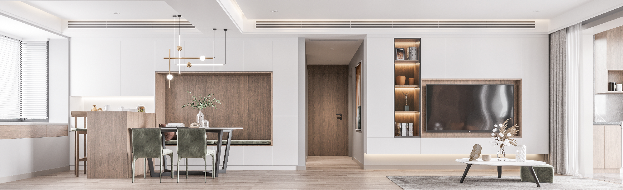 Modern living room with a dining area and kitchen in a bright, minimalistic home.