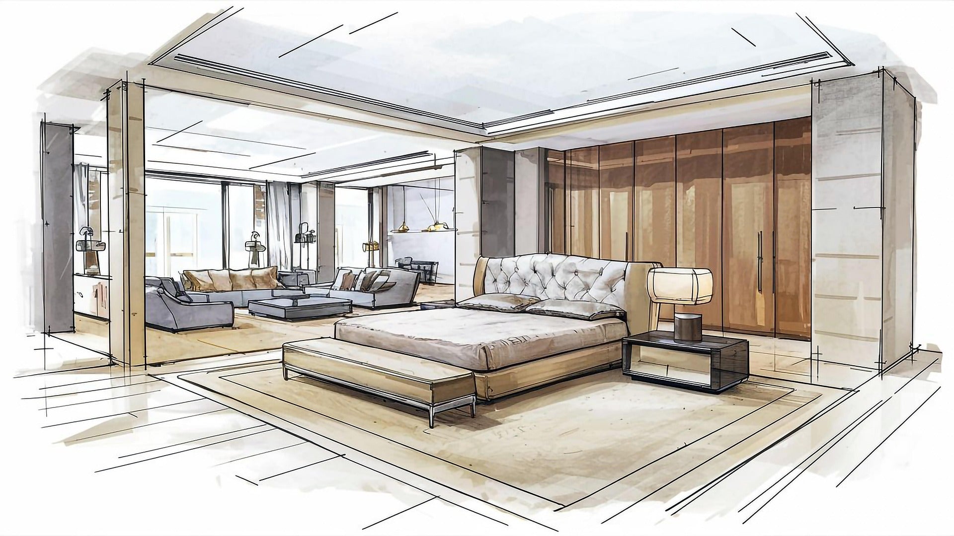 Modern bedroom interior design with furniture and decor elements.