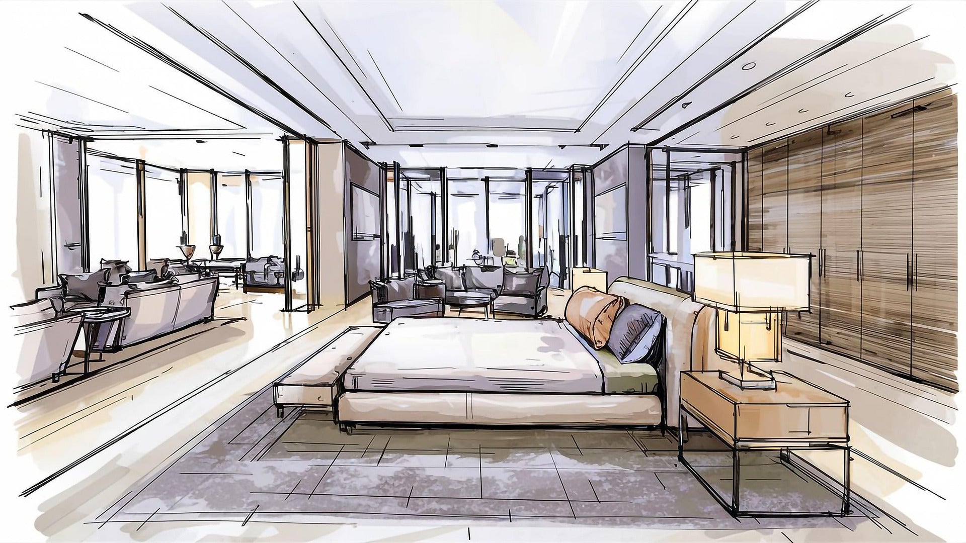 Sketch of a modern bedroom with furniture and decor