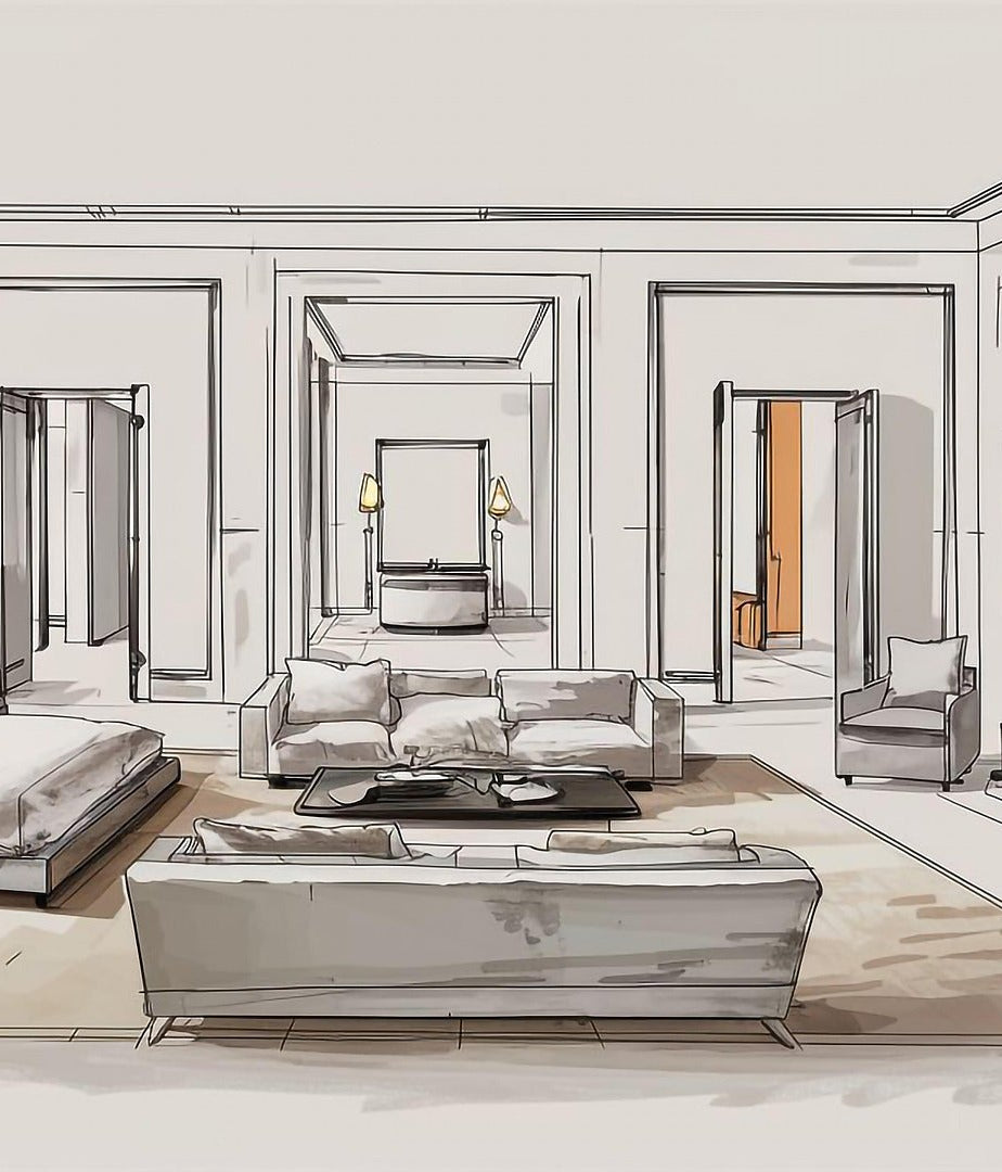 Modern bedroom with bed, sofa, and wardrobe in a neutral color scheme