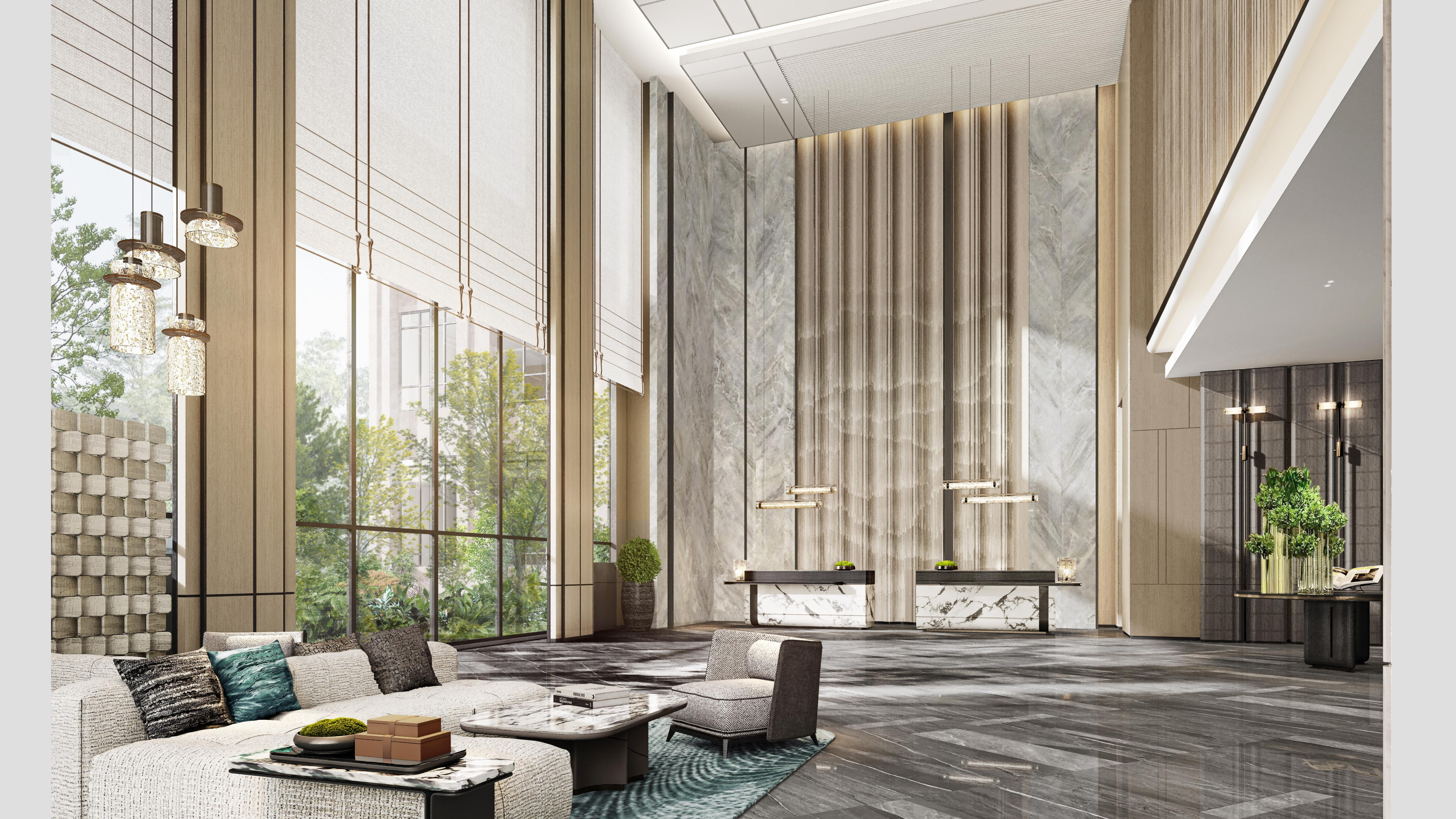 Rendering of a modern lobby with large windows, furniture, and decorative elements.