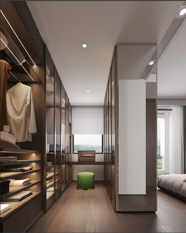 Modern walk-in closet with wooden shelves and a green stool.