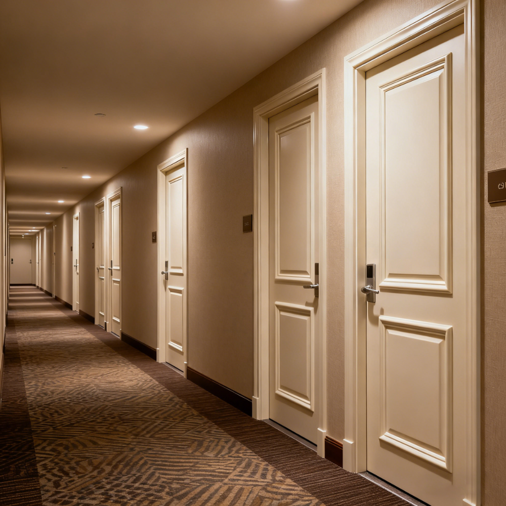 Long hallway with closed doors in a hotel or apartment complex
