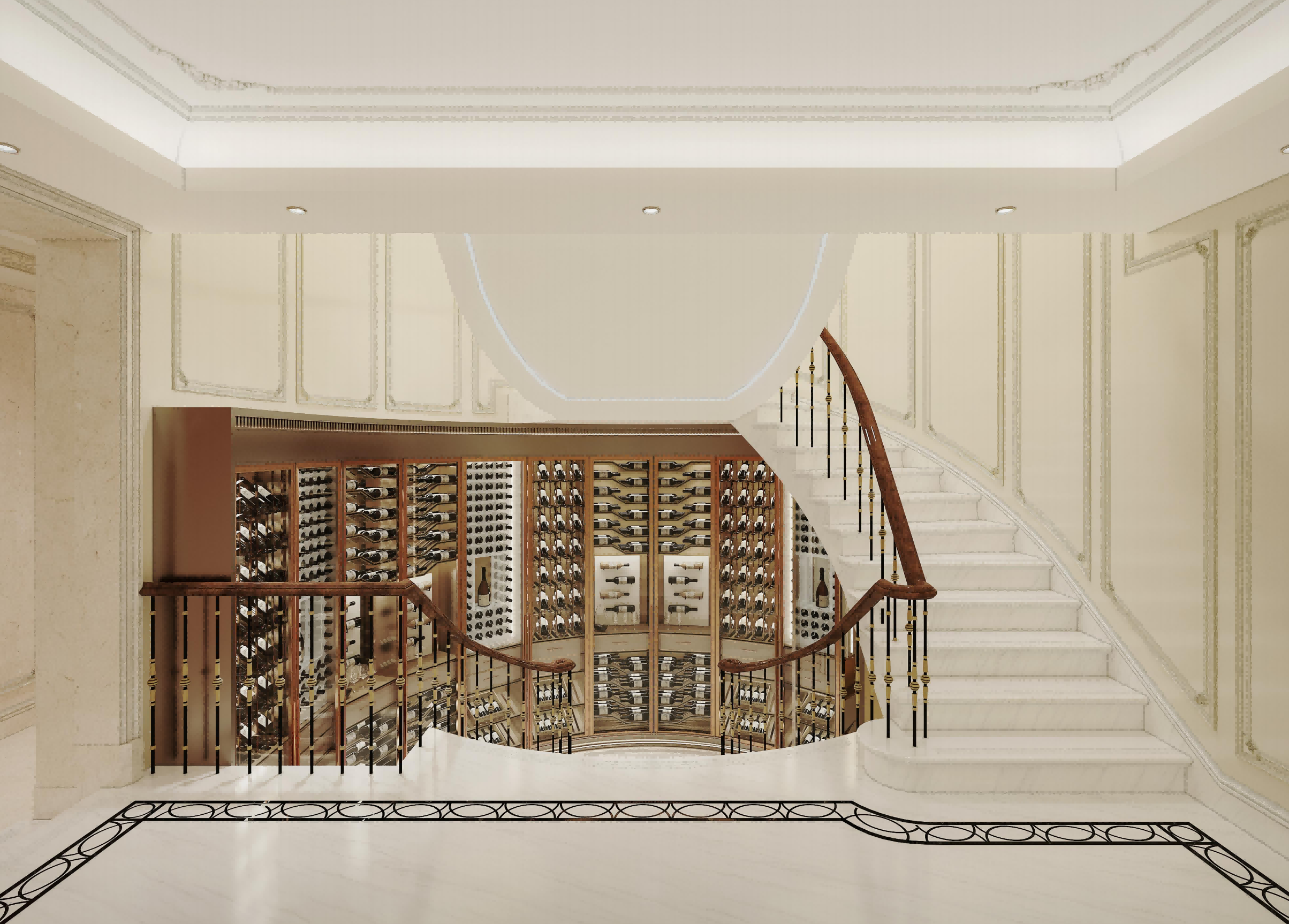 Staircase with wine cellar and floor plan on the left
