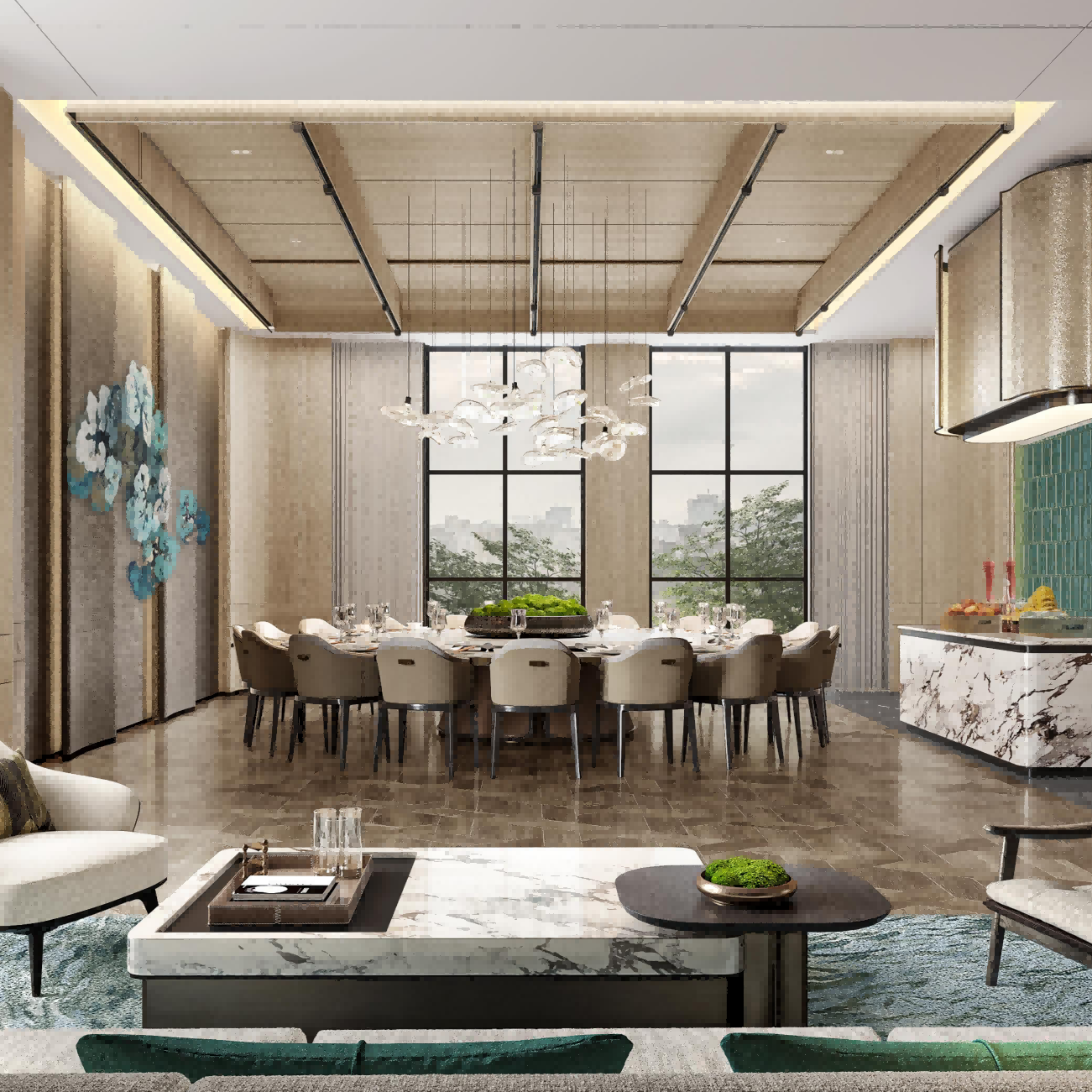 Rendering of a Chinese restaurant interior with dining area and decor.