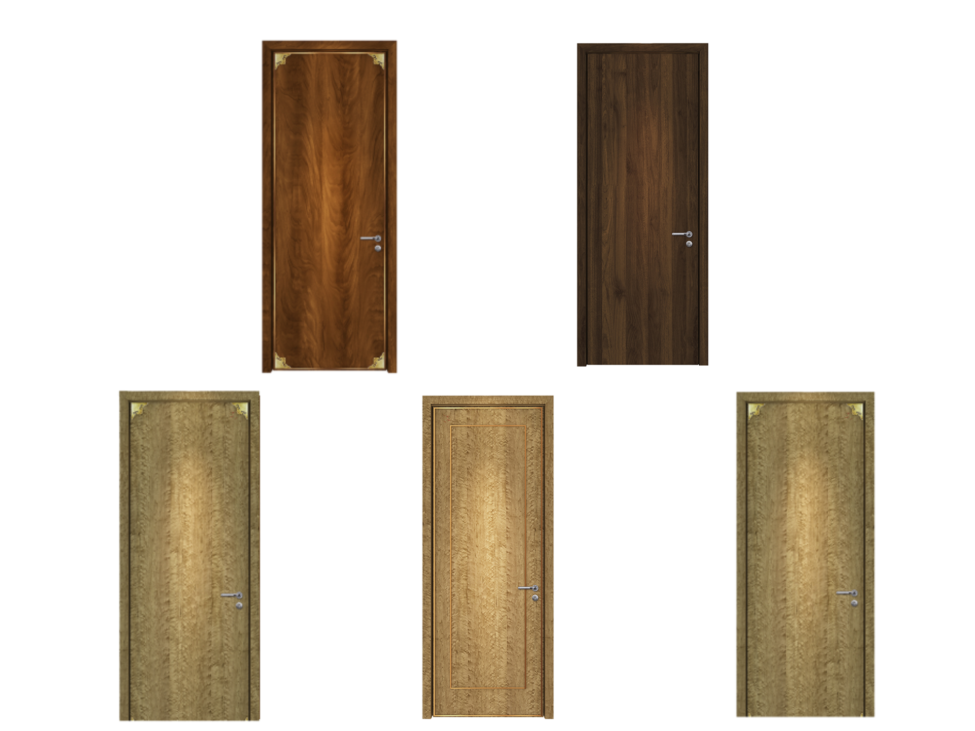 Five wooden doors with different designs on a white background