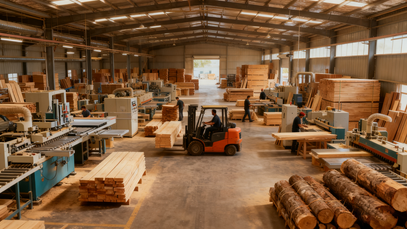 Wooden warehouse with logs, machinery, and a forklift.