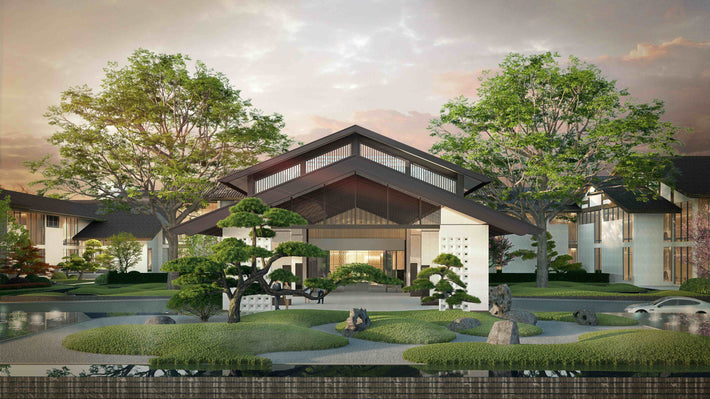 Modern architectural design with a large open space and trees