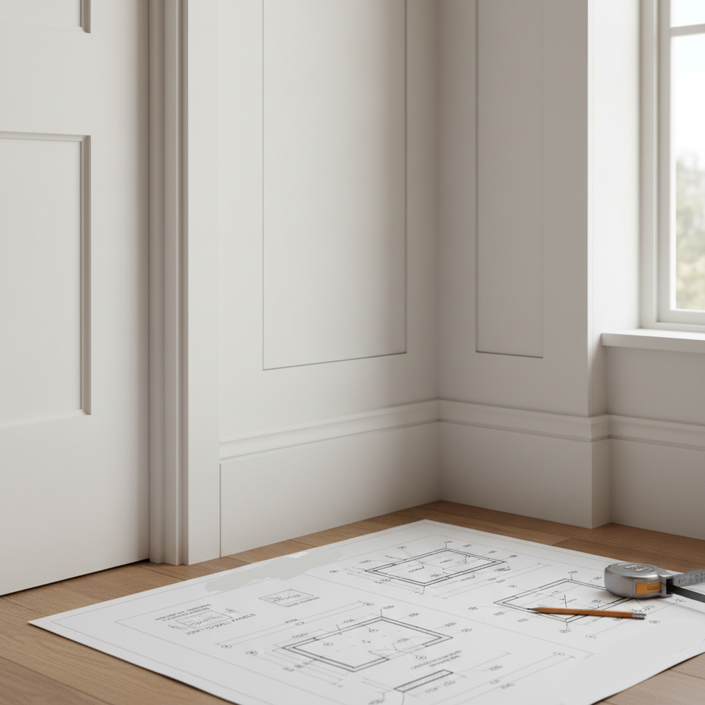 Blueprints on a wooden floor with a white wall and window in the background