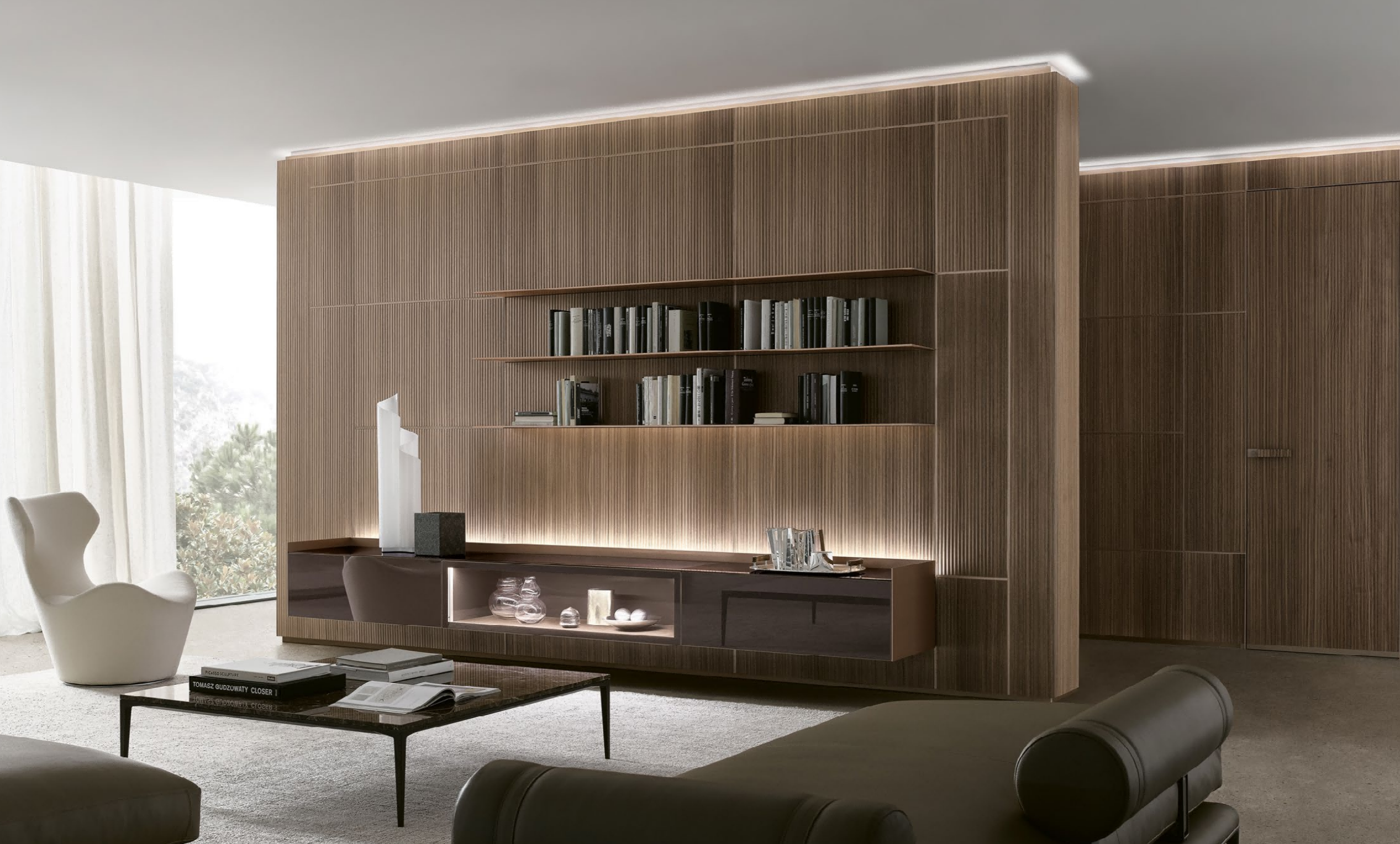 Modern living room with wooden wall unit and furniture